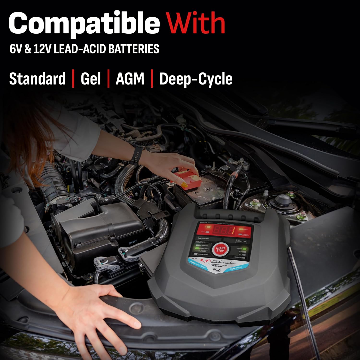 Schumacher Electric Car Battery Charger and Maintainer SC1280 4-in-1, 15 Amp, Fully Automatic for 6v and12v Automobile Batteries - Ideal for Motorcycles, Cars, Trucks, SUVs, Marine Batteries, and More
