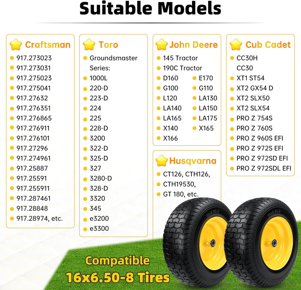2Pcs 16×6.50-8 Tire and Wheel with 1 Inch Axle, Flat Free 16x6.5-8 Lawn Mower Tire, with 3/4' Bearing & 1' Bushing, 3-5' Offset Hub, for Lawn&Garden Riding Tractors Front Assembly Replacement, 550lbs