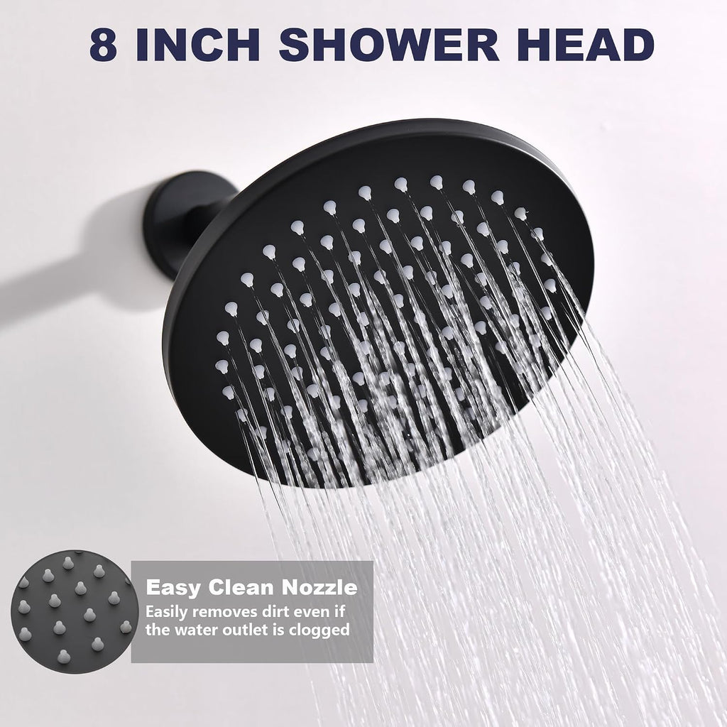 Shower System, Black Shower Faucet Set, 8' Rainfall Shower Head and Handheld Spray Combo, Round Shower Head and Handle Set with Valve and Trim Kit, Matte Black