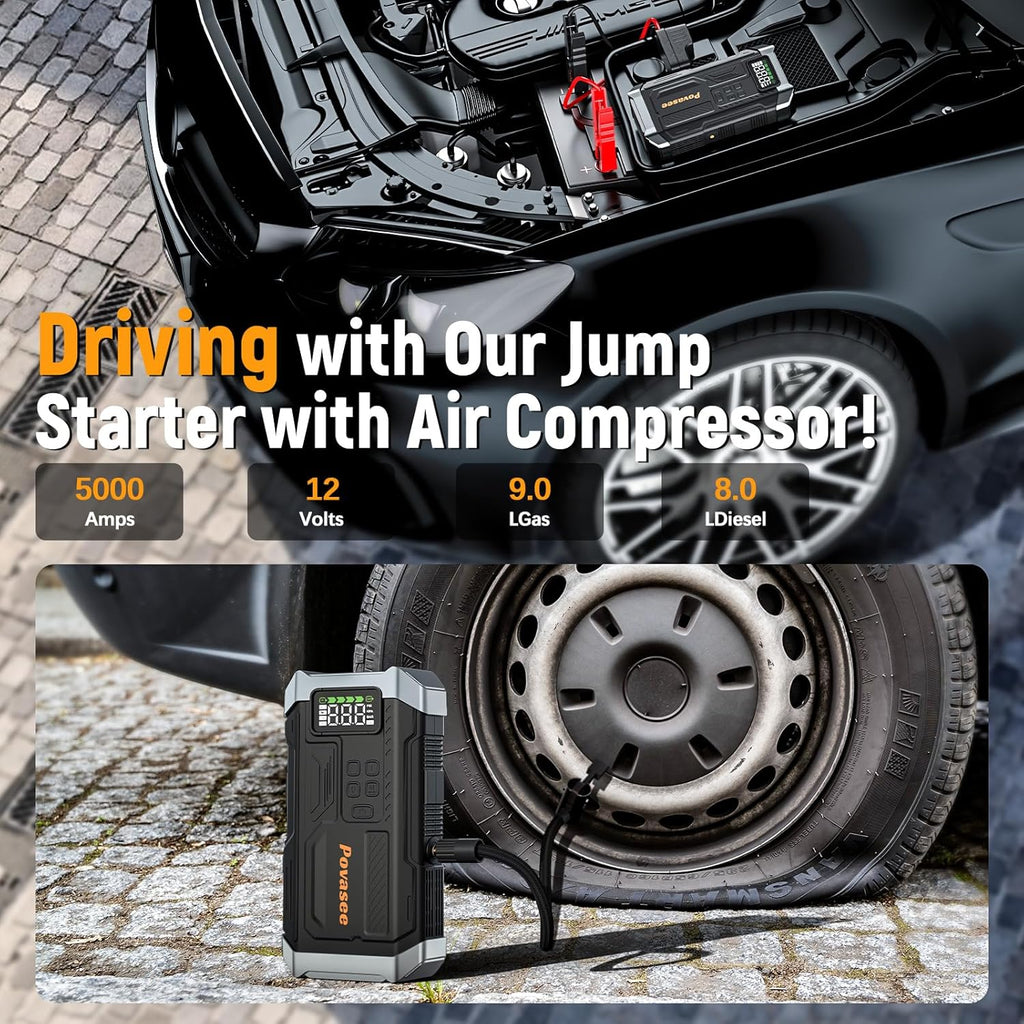 5000A Jump Starter with Air Compressor, Battery Jumper Starter car Battery Jump Starter povasee Portable Jump Starter (Up 9L Gas/8L Diesel Engine