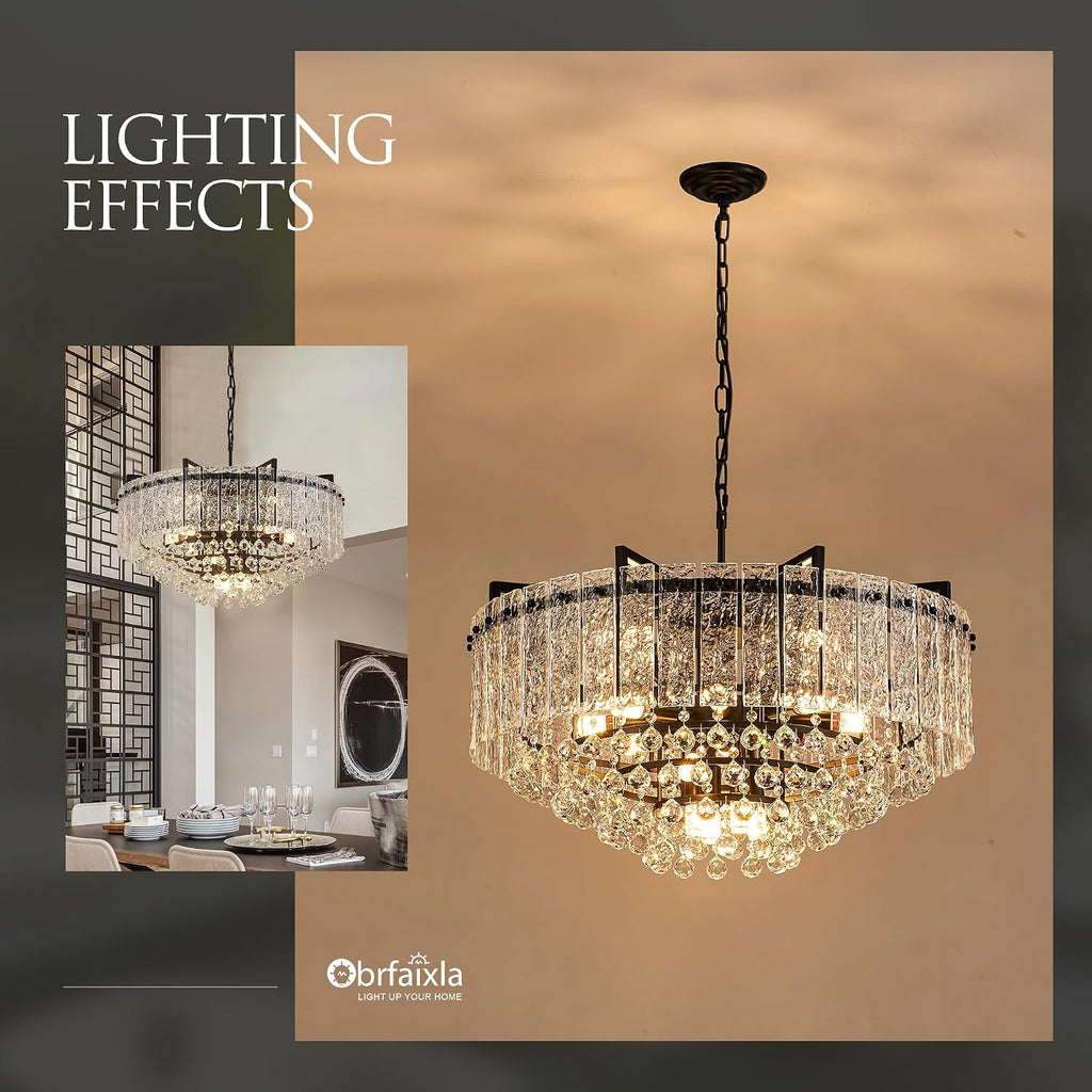 29.2' 16-Light Modern Glass Chandelier Light Fixtures Large Black 4-Tier Crystal Beads Chandeliers for Dining Room Round Hanging Ceiling Pendant Lighting for Bedroom Entryway Foyer Stairway