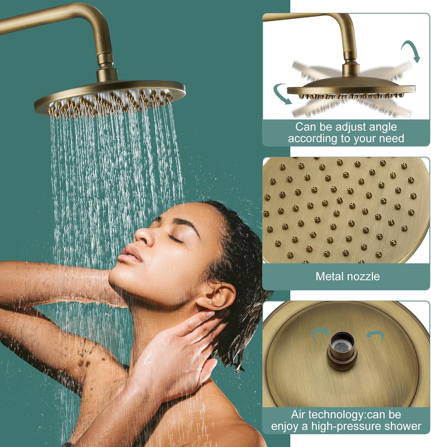 Heyalan Antique Brass Exposed Pipe Shower System 8 Inch Rainfall Shower Head Brass Fixture Combo Set Single Handle Handheld Sprayer Bathroom Shower Faucet Dual Functions