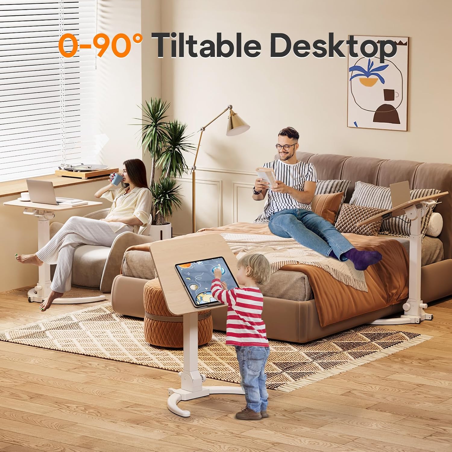 JOY worker Foldable Mobile Standing Desk, Pneumatic Height Adjustable Sit Stand Desk, 90° Tiltable Rolling Laptop Desk, Portable Cart with Wheels Non-Slip Mat for Home Office, Holds Up to 22lbs