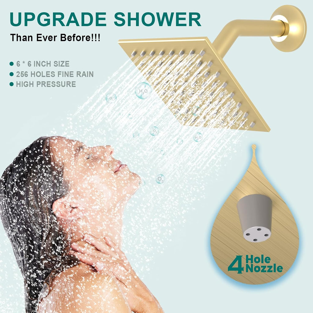 Brushed Gold Dual Heads Shower Faucets Set Thermostatic Shower System, 4-Way Luxury Shower Fixture 14X20' LED Rainfall Shower Head with 6inch Wall Showerhead, Waterfall Tub Spout, Dual-mode Handheld