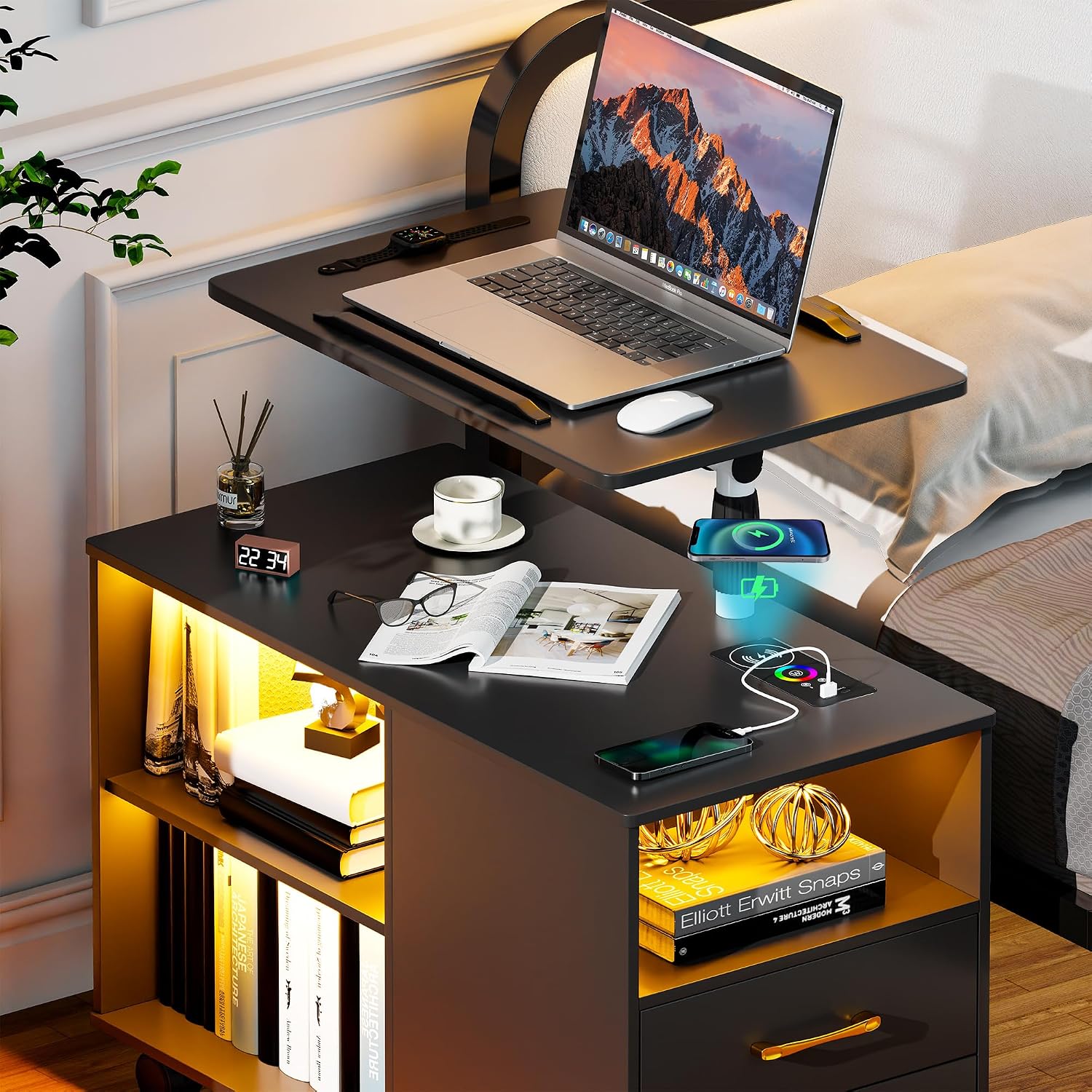 Smart Night Stand with 360° Laptop Tray, RGB Nightstand with Charging Station,Modern Bedside Table with 24-Color Human Sensor Lights,Large End Table w/ 2 Drawers,3 Shelves,5 Wheels,Black