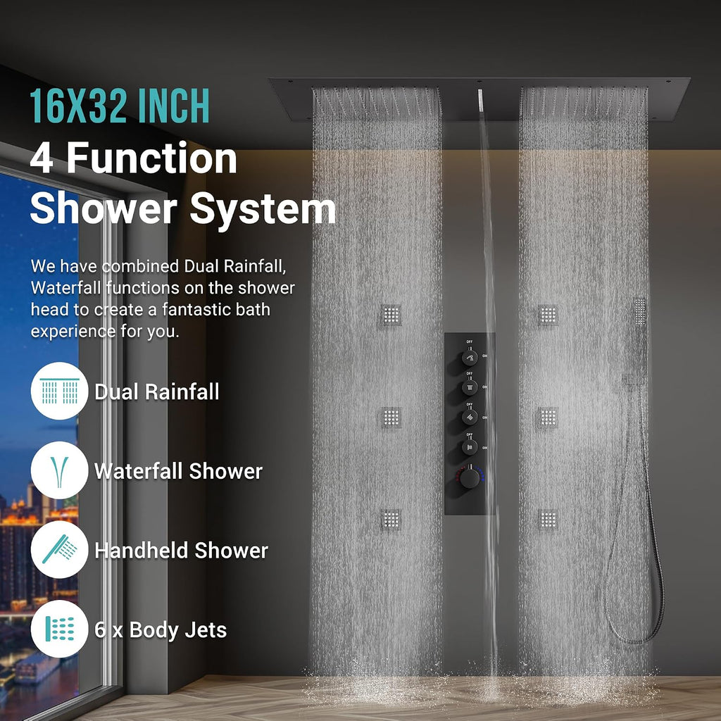 Luxury Dual-Zone Rain & Waterfall Shower Head for 2-Person, Matte Black Thermostatic Shower System with 32-Inch Flush Mount Shower, Full body Shower Faucet Set with Handheld Sprayer & 6 Jets