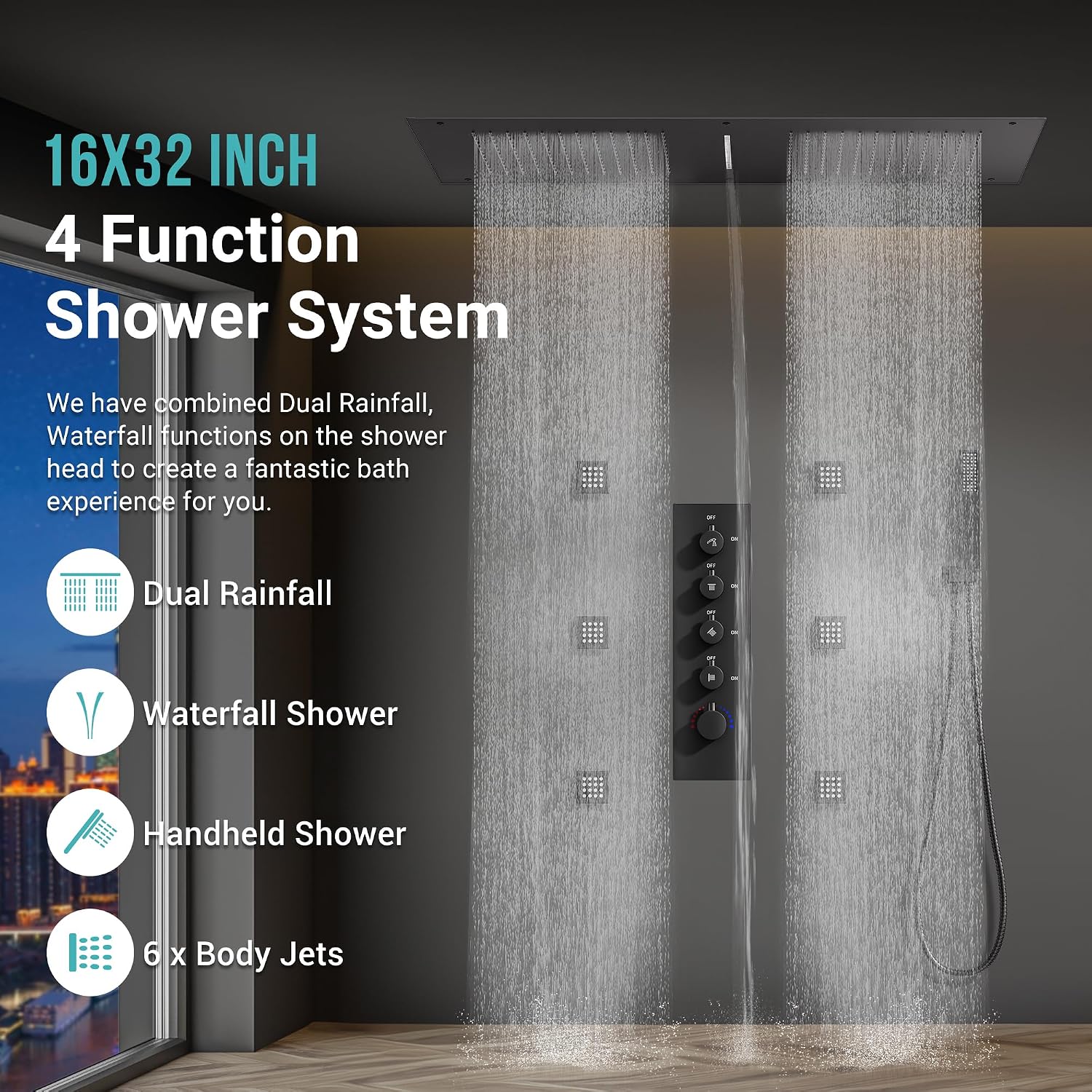 Luxury Dual-Zone Rain & Waterfall Shower Head for 2-Person, Matte Black Thermostatic Shower System with 32-Inch Flush Mount Shower, Full body Shower Faucet Set with Handheld Sprayer & 6 Jets