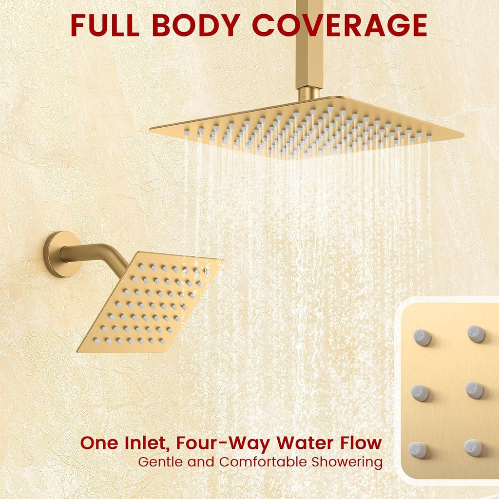 Push Button Diverter Shower Faucet Set Hydro Power Temperature Display, Shower System Ceiling Mounted 10' & Wall Mounted 6' Shower Head with 3-Spary Handheld, Brushed Gold