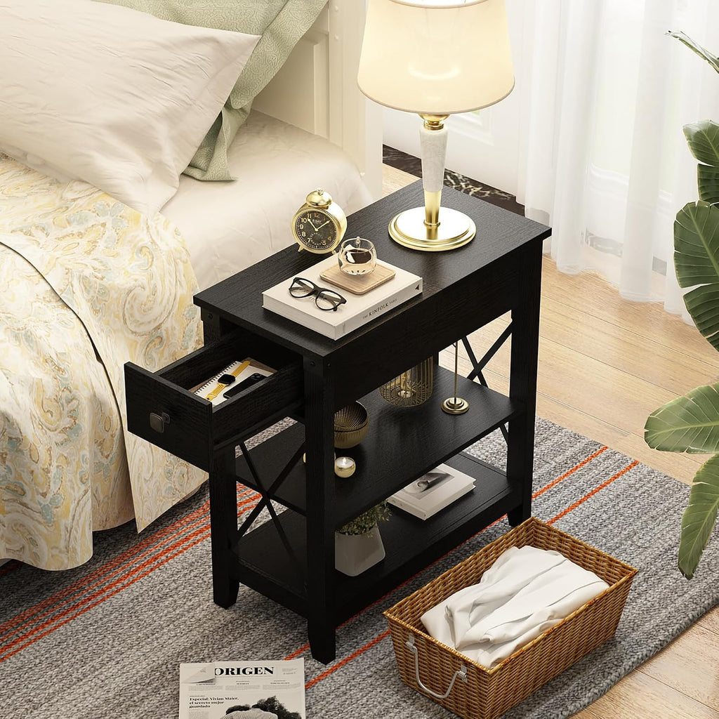 Awescuti Narrow End Table with Charging Station - Farmhouse Slim Side Table Set of 2, w/USB Ports Power Outlets, Nightstand w/Flip Top Storage Drawer, for Small Spaces Living Room Bedroom, Black
