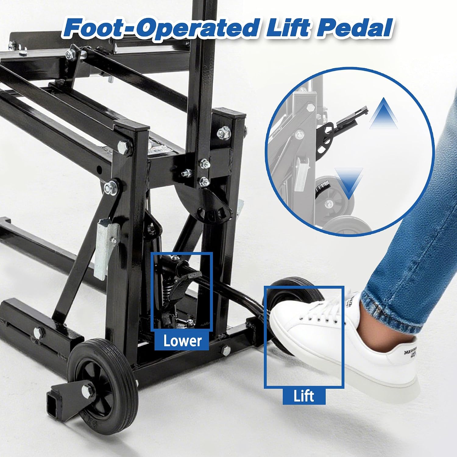 Heavy Duty Lawn Mower Lifts for Riding Tractors, Lawn Mower Jack Lift Zero Turn with Adjustable Hight Lock, Lawn Tractor Lifts & Zero Turn Lift with Wheels/Handle, Foot-Operated, 550 LBS Capacity