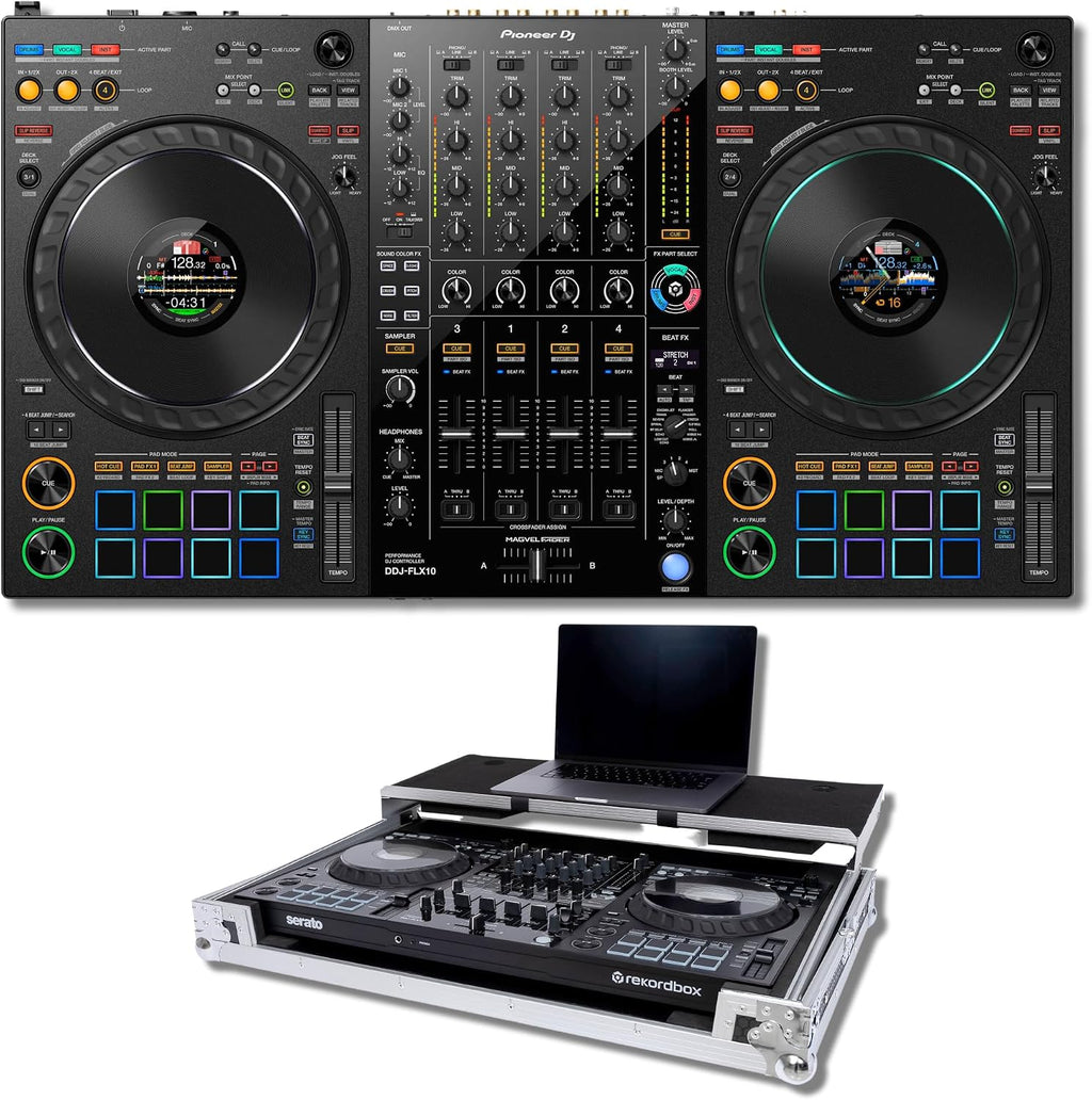 Pioneer DDJ-FLX10 4-Deck DJ Controller Bundle with Headliner HL10010 Classic Dual-Tone Flight Case | Rekordbox + Serato DJ Pro | Road-Ready Controller with Exact-Fit Custom Interior Protection