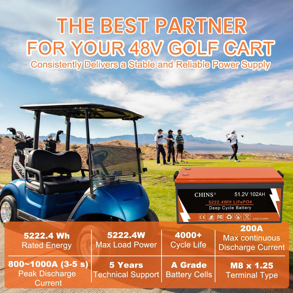 CHINS 48V 102Ah Lithium Golf Cart Battery, Built-in Smart 200A BMS, 48V Lithium Battery 4000+ Cycles Rechargeable, 48V LiFePO4 Battery Perfect for Golf Cart