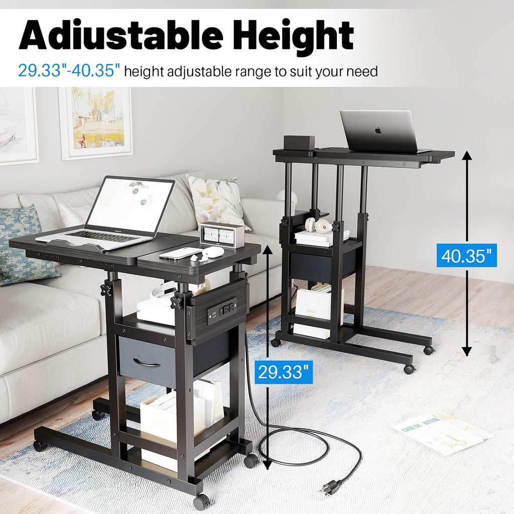 Height Adjustable Overbed Table with Wheel and Charging Station, Tiltable Desk C Shaped End Table for Couch, 2-Tier Overbed Bedside Desk with Storage Shelve for Living Room Bedroom