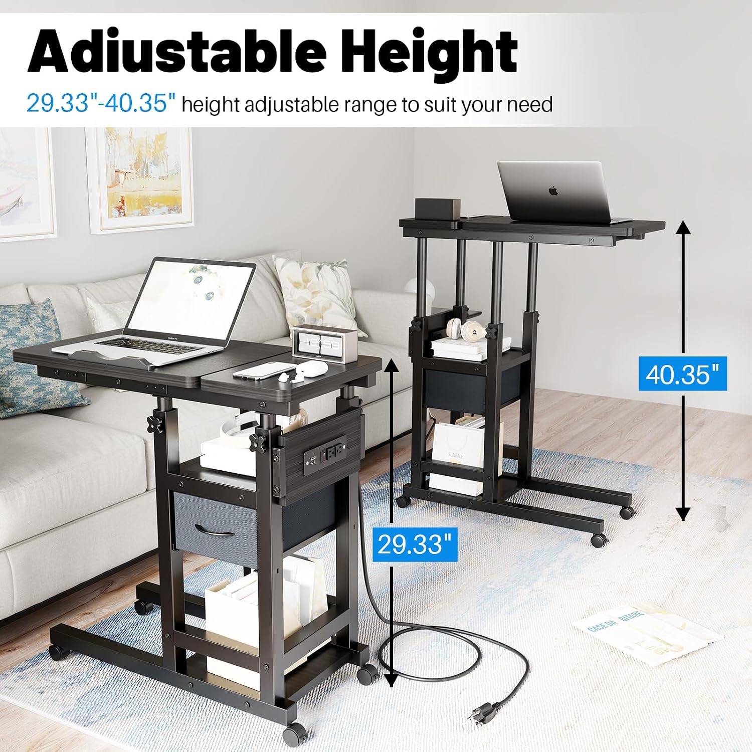 Height Adjustable Overbed Table with Wheel and Charging Station, Tiltable Desk C Shaped End Table for Couch, 2-Tier Overbed Bedside Desk with Storage Shelve for Living Room Bedroom