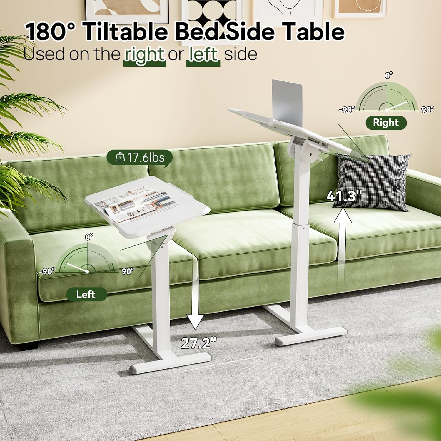 Gibbon Mounts 32inch Rolling Laptop Desk, 180° Tiltable Mobile Standing Desk Height Adjustable, Overbed Bedside Table, Portable Computer Desk with Lockable Wheels, Foldable Cart for Home Office, White