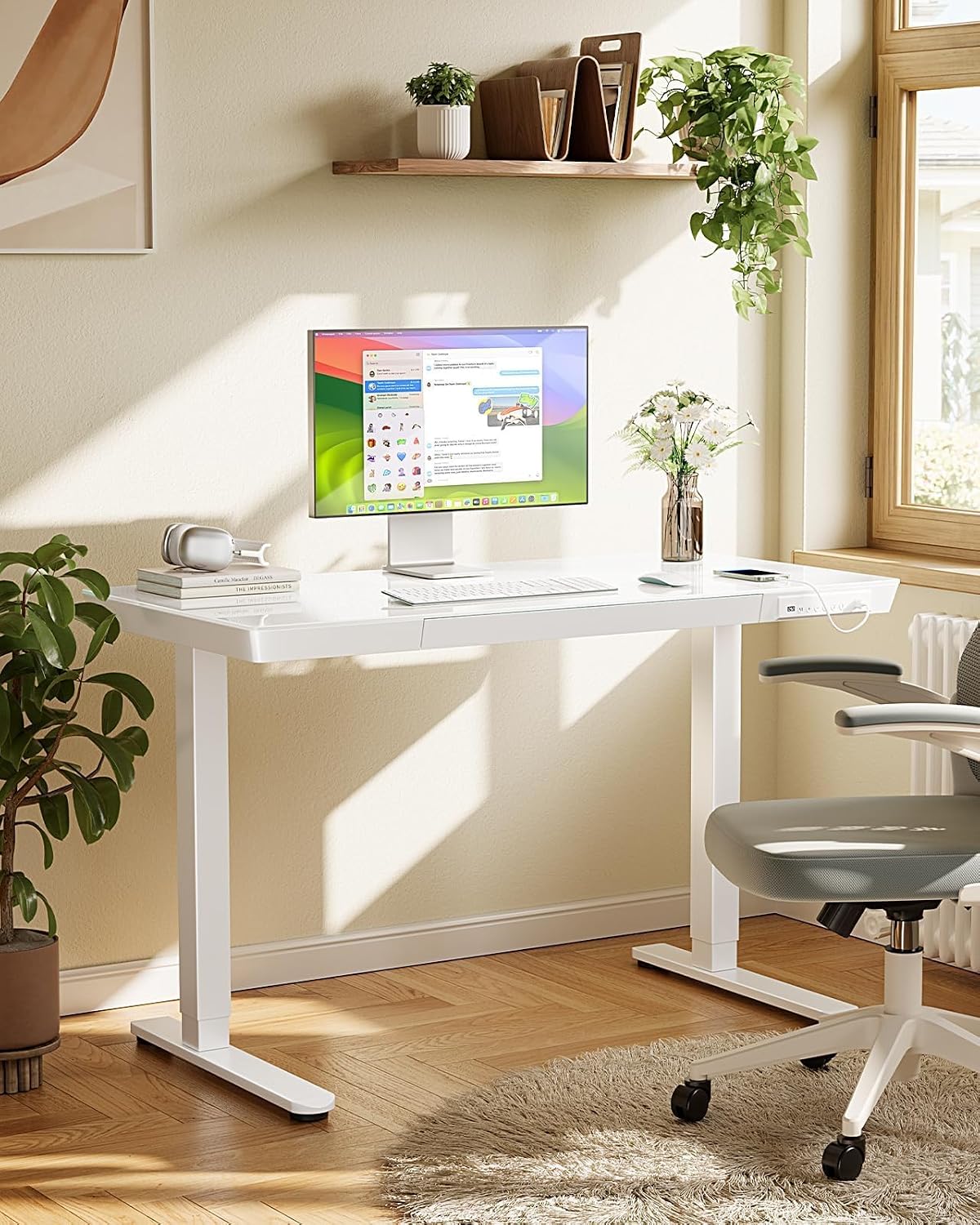 Marsail Glass Standing Desk with Drawer, 47.24 inch Electric Standing Desk, Height Adjustable Desk with One-Piece Tabletop & USB Charging Ports, Sit Stand Desk with Storage for Home & Office White
