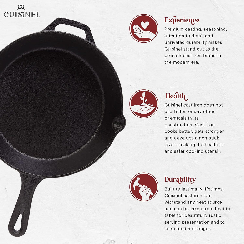 Cuisinel 8'+10'+12'-Inch Cast Iron Skillets Set with Glass Lids + Silicone Handle Holder Covers + Pan Scraper - Pre-Seasoned Oven Cookware - Use Indoor/Outdoor, Grill, Stovetop, Camping Fire, Oven