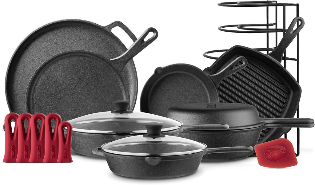 Cuisinel Cast Iron Cookware Set - Complete Pre-Seasoned Kit - 8' Skillet + 10'+12' Skillets with Glass Lid + Grill Pan + Multi-Cooker/Dutch Oven + Flat Griddle + Pizza Pan + Rack Organizer - 2024