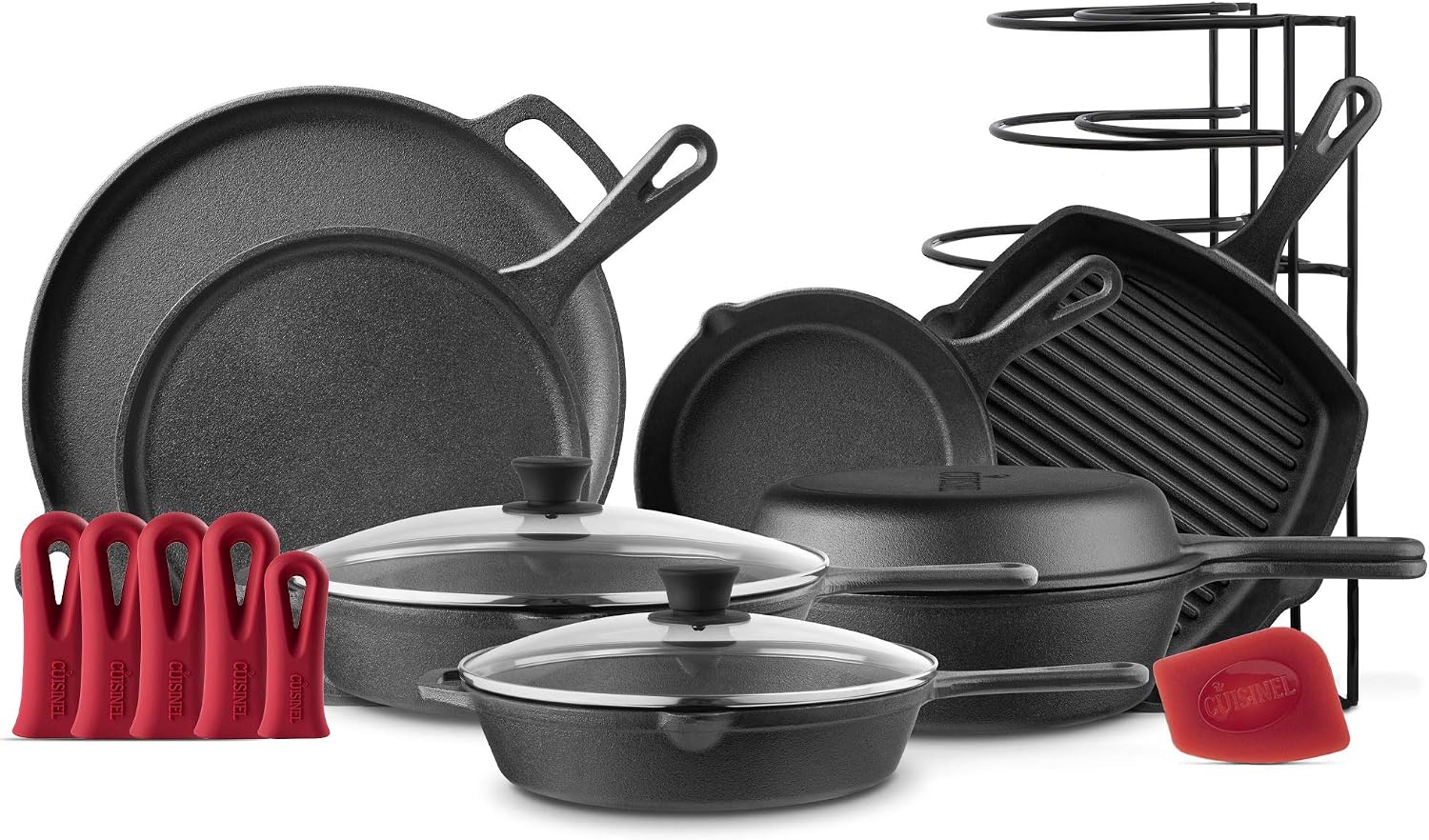 Cuisinel Cast Iron Cookware Set - Complete Pre-Seasoned Kit - 8' Skillet + 10'+12' Skillets with Glass Lid + Grill Pan + Multi-Cooker/Dutch Oven + Flat Griddle + Pizza Pan + Rack Organizer - 2024