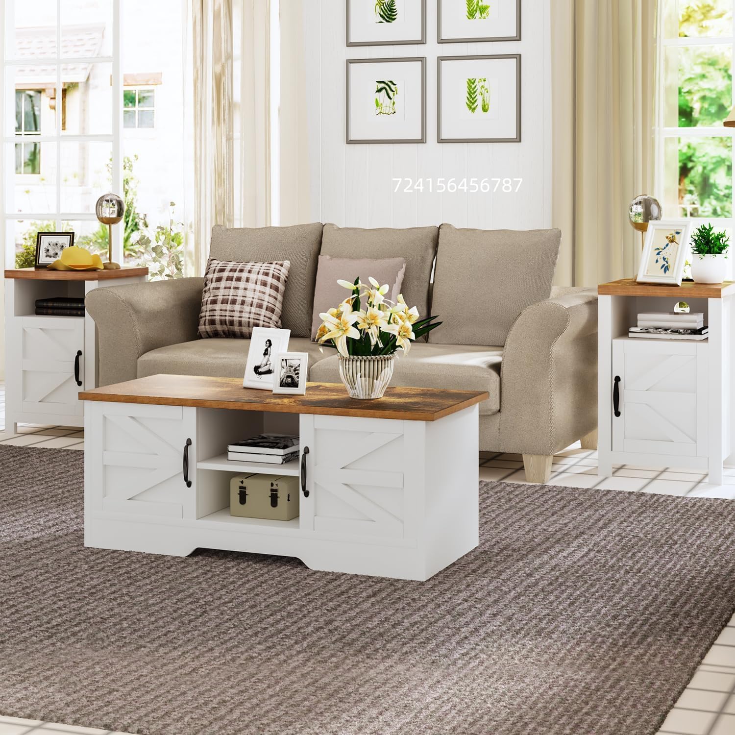 oneinmil End Table with Charging Station, Farmhouse Nightstand with Barn Door, Sofa Side Table with Storage Space 2-Piece Set, Suitable for Livingroom and Bedroom,White