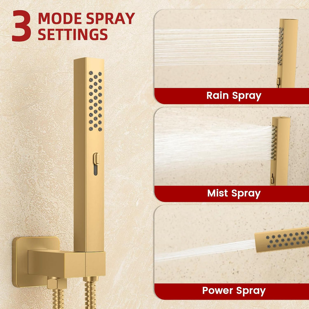 Push Button Diverter Shower Faucet Set Hydro Power Temperature Display, Shower System Wall Mounted 10' & 6' Shower Head with 3-Spary Handheld, Shower Fixtures with Valve and Trim Kit, Brushed Gold