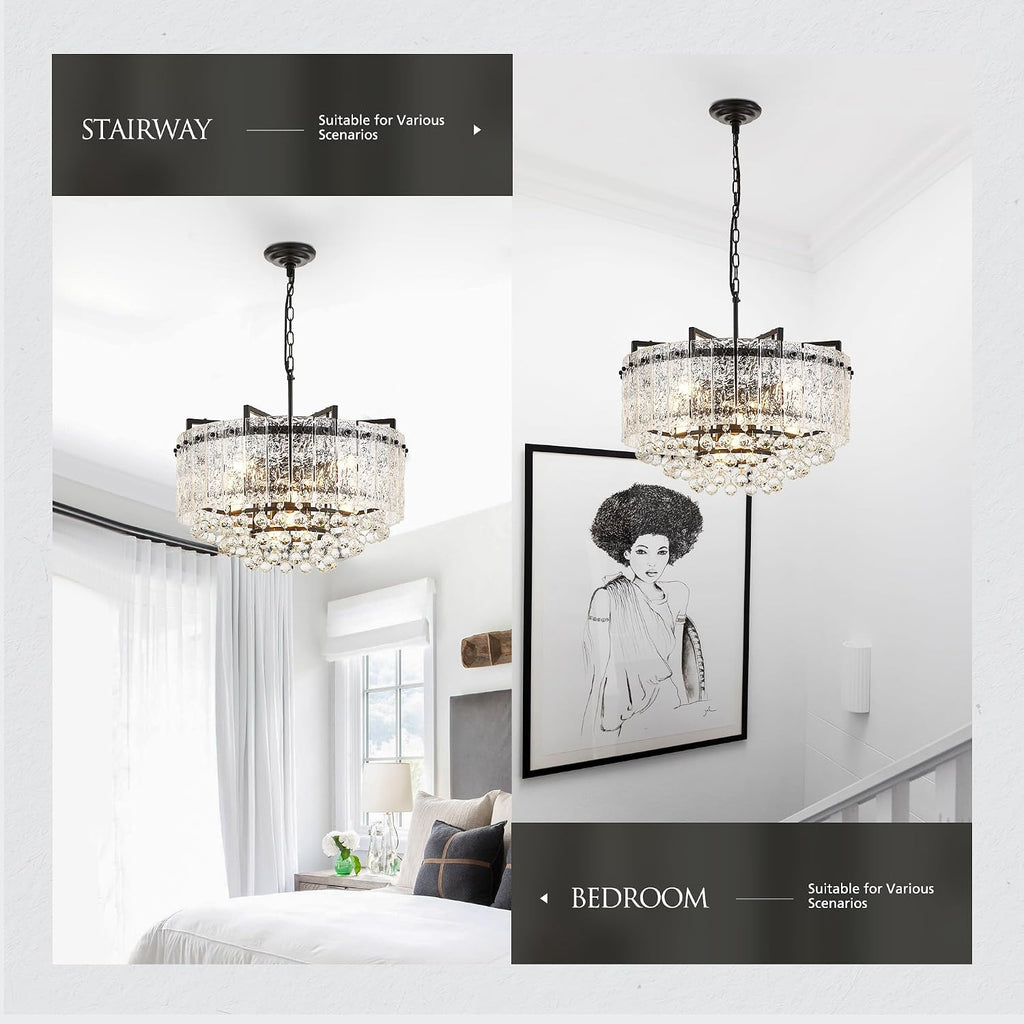 22.2' 10-Light Modern Glass Chandelier Light Fixtures Black 3-Tier Crystal Beads Chandeliers for Dining Room Round Hanging Ceiling Pendant Lighting for Kitchen Island Entryway Foyer Hallway