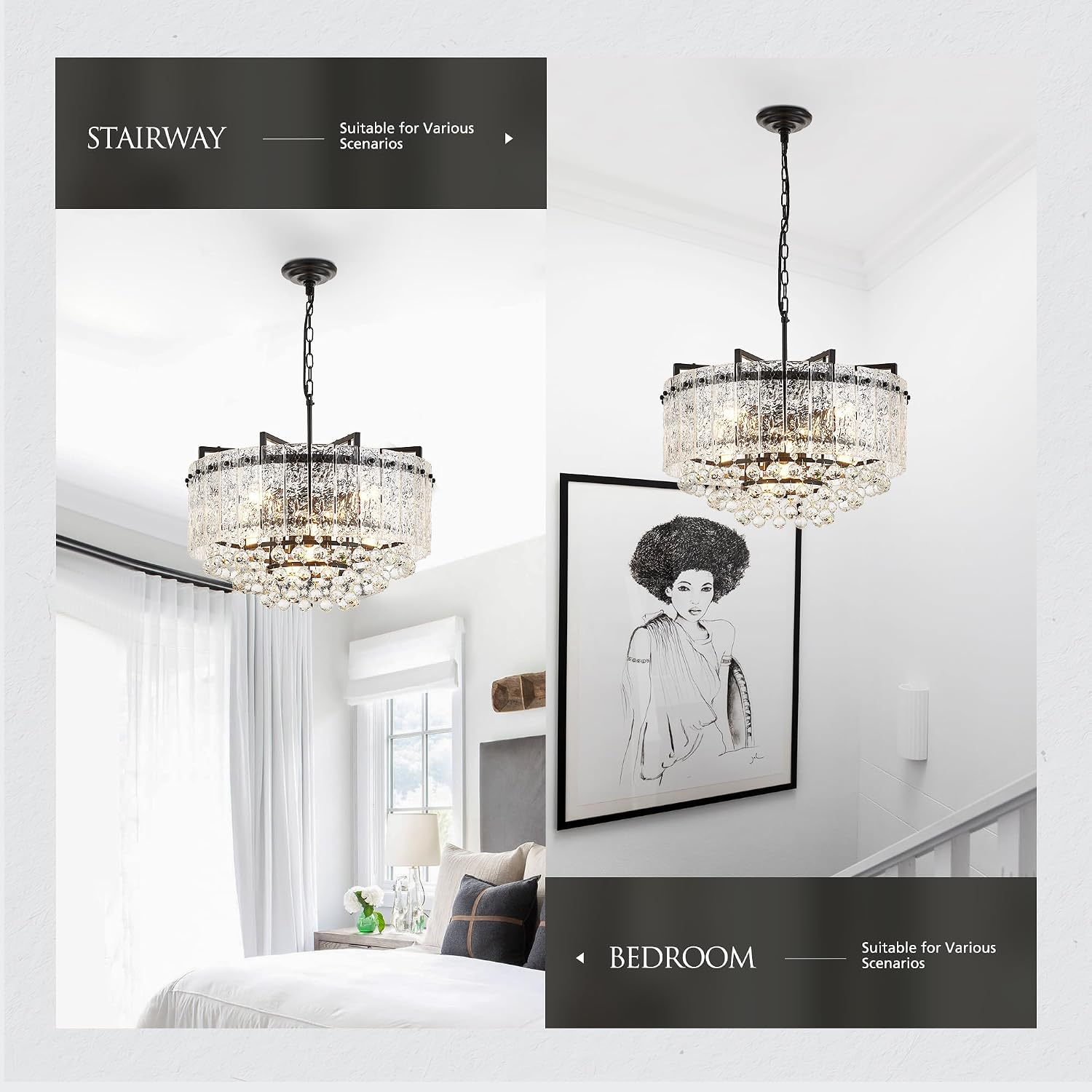 22.2' 10-Light Modern Glass Chandelier Light Fixtures Black 3-Tier Crystal Beads Chandeliers for Dining Room Round Hanging Ceiling Pendant Lighting for Kitchen Island Entryway Foyer Hallway