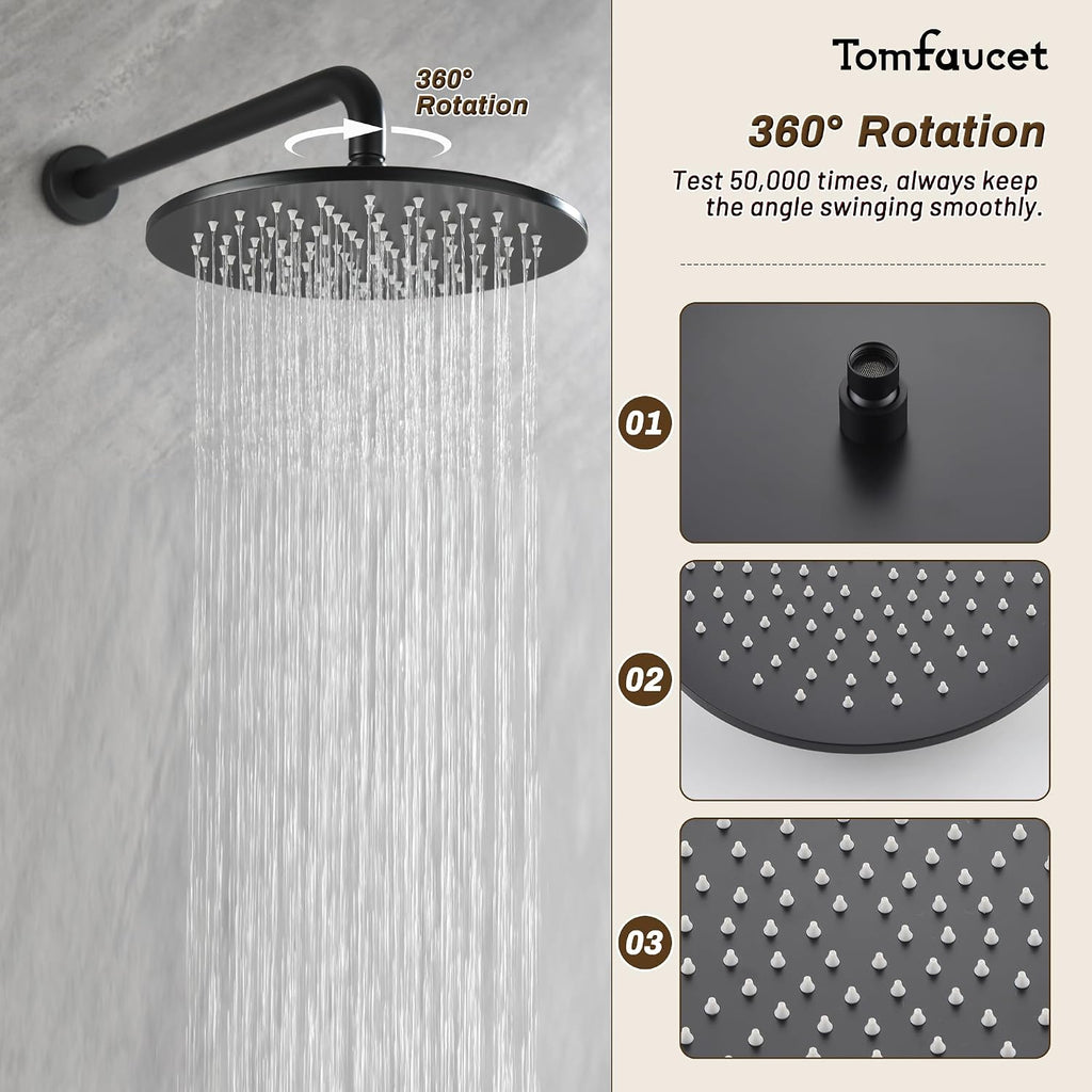 3 Functions Shower System with Tub Spout, 10' Round Wall Mounted Rain Shower System, High-Pressure Shower Head with 2 Modes Handheld Spray, Matte Black Shower Head System