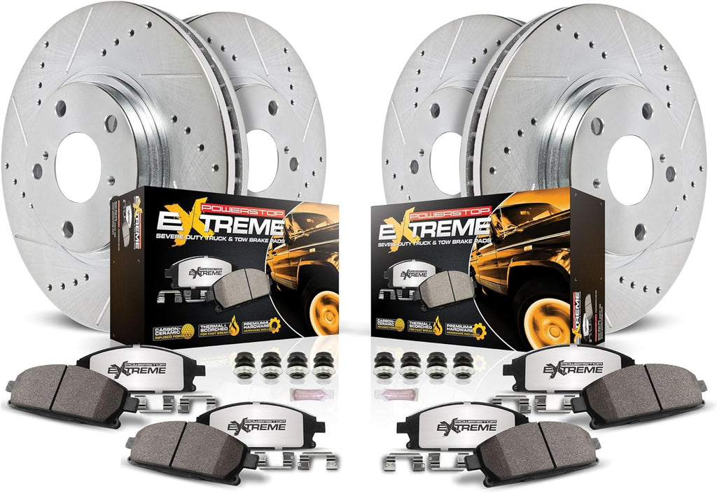 PowerStop Front & Rear Brake Kit For Ford F-250 Super Duty 2012-22 | Ford F-350 Super Duty 2013-22 - Truck & Tow Carbon Fiber Ceramic Brake Pads + Drilled & Slotted Rotors Upgrade, K6405-36