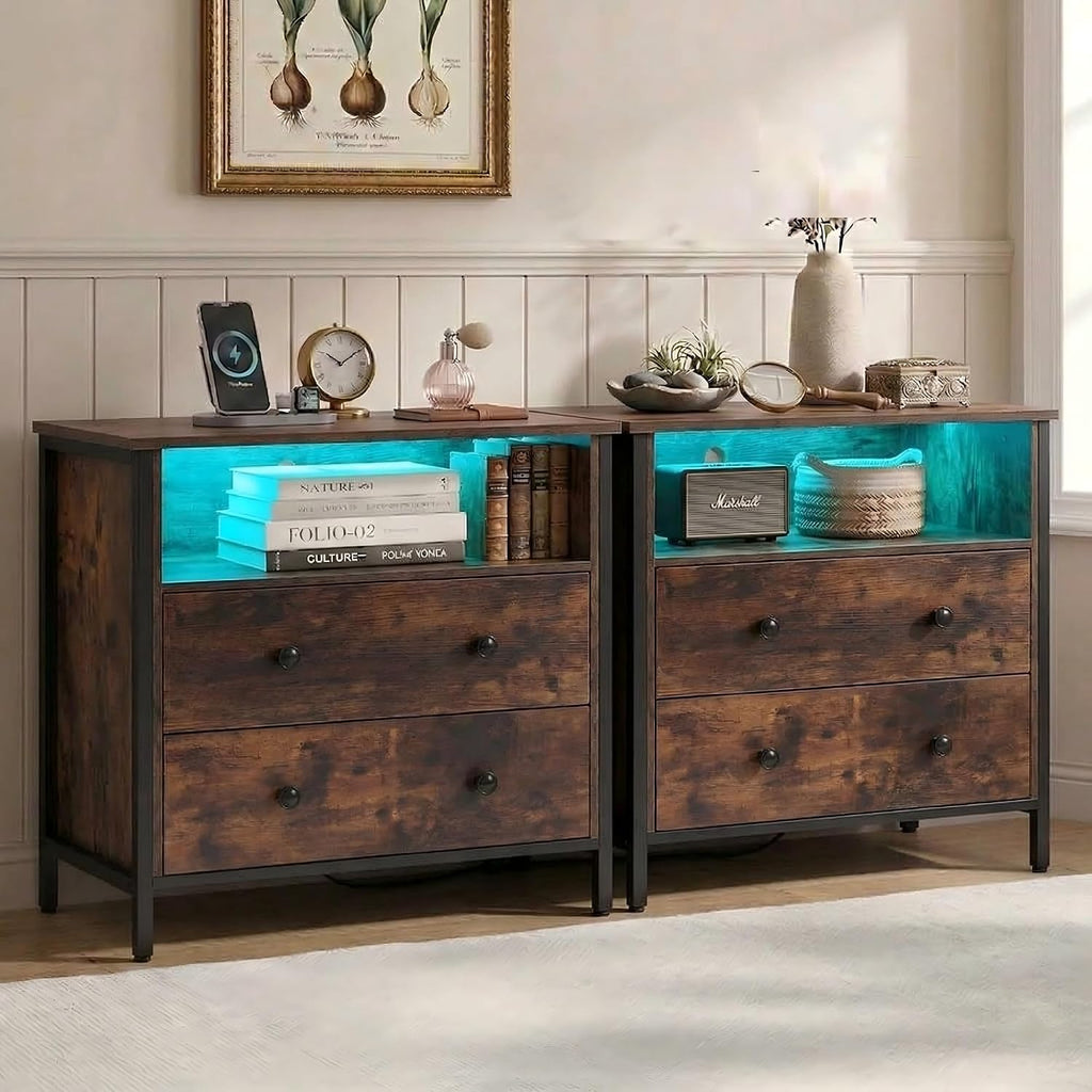 27 Inch Wide Night Stand, Large Wood Night Stand Set 2 with 2 Drawers, LED Nightstand with Charging Station and Adjustable Drawer, Bedside Table for Living Room/Bedroom/Study/Office, Retro.