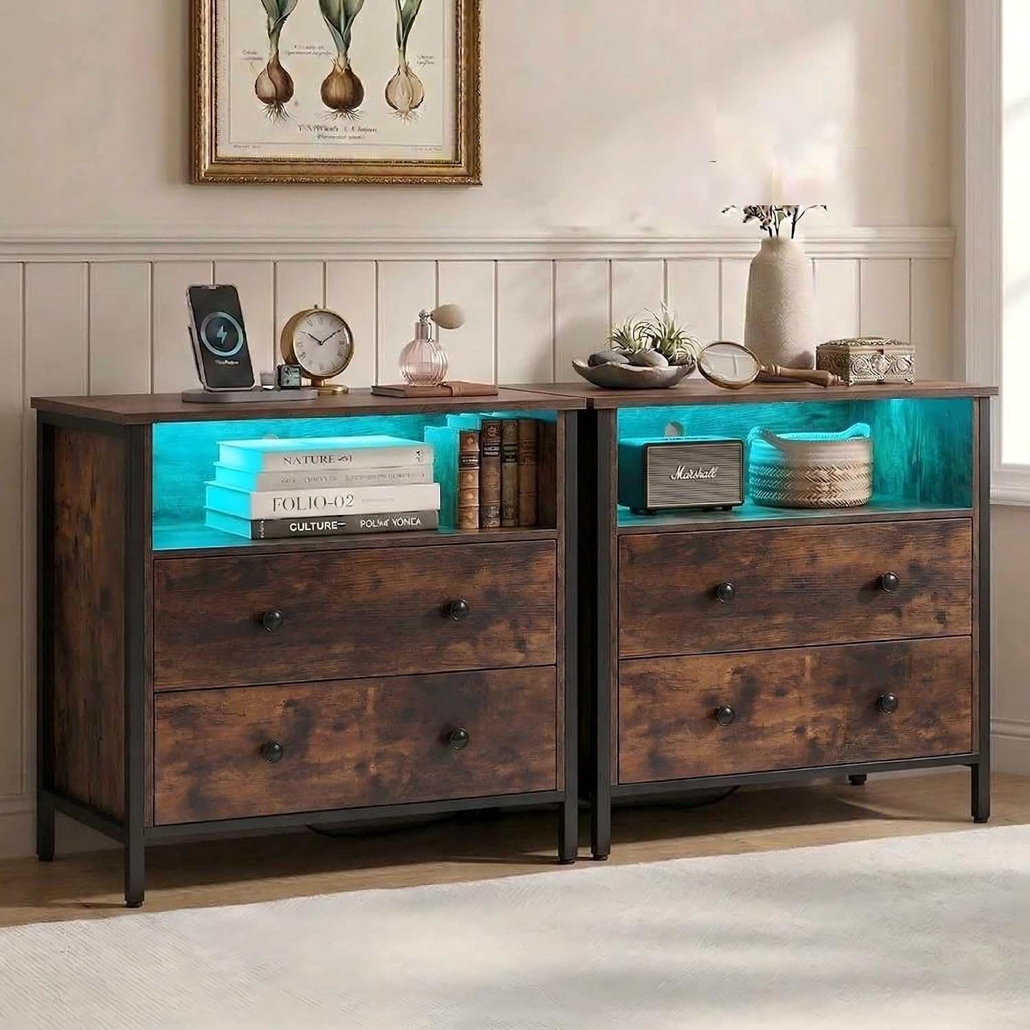27 Inch Wide Night Stand, Large Wood Night Stand Set 2 with 2 Drawers, LED Nightstand with Charging Station and Adjustable Drawer, Bedside Table for Living Room/Bedroom/Study/Office, Retro.