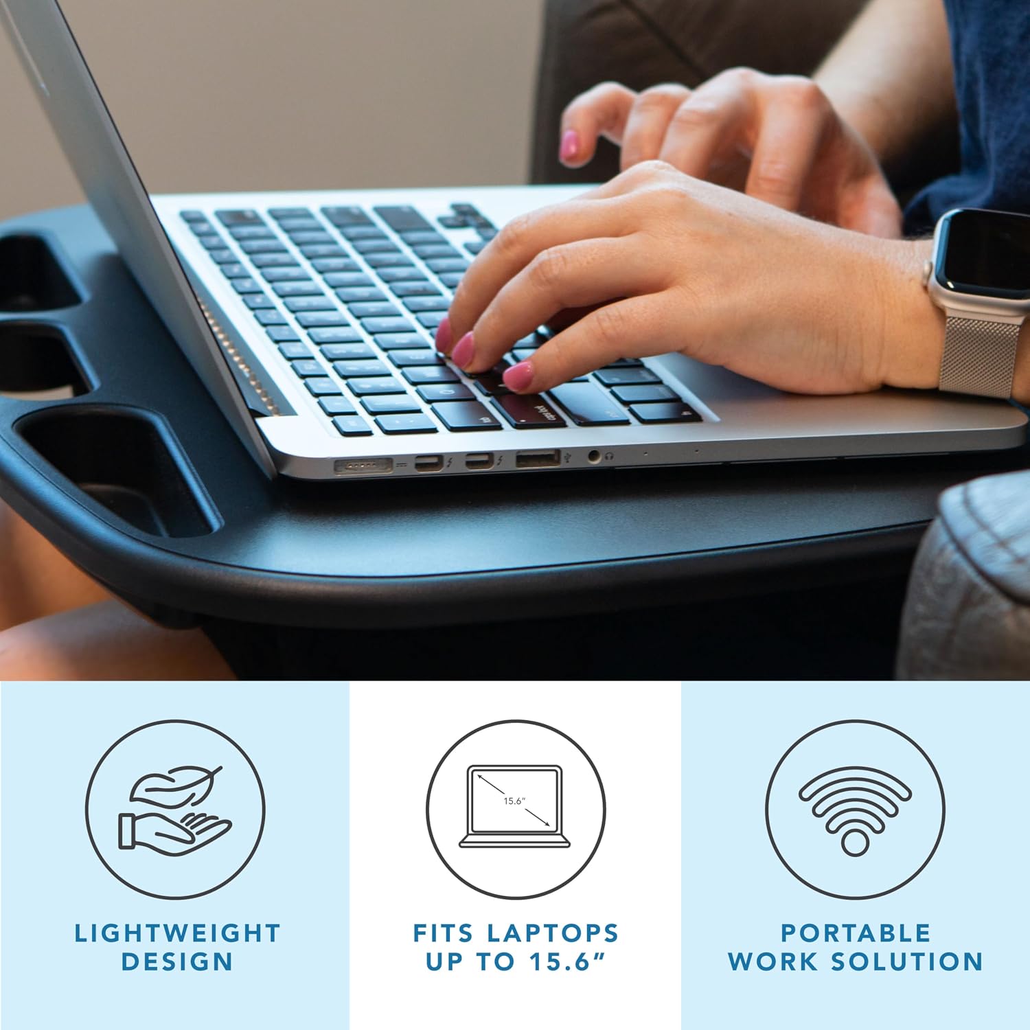 LAPGEAR MyDesk Lap Desk with Device Ledge and Phone Holder - Black - Fits up to 15.6 Inch Laptops - Pack of 12 - Style No. 44008