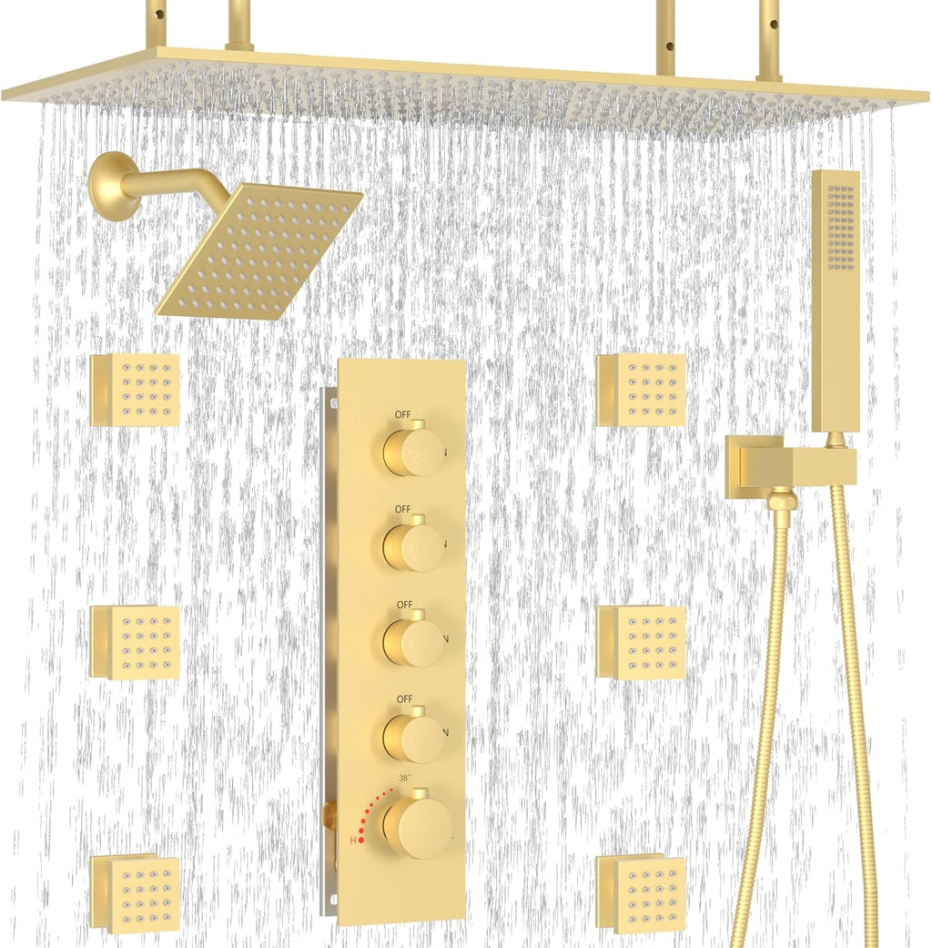 HOMEDEC 15.7x31.5' Rainfall and 6' Dual Shower Heads with Handheld Spray Combo, Full Body Shower System with 6pcs Body Jets, Brushed Gold