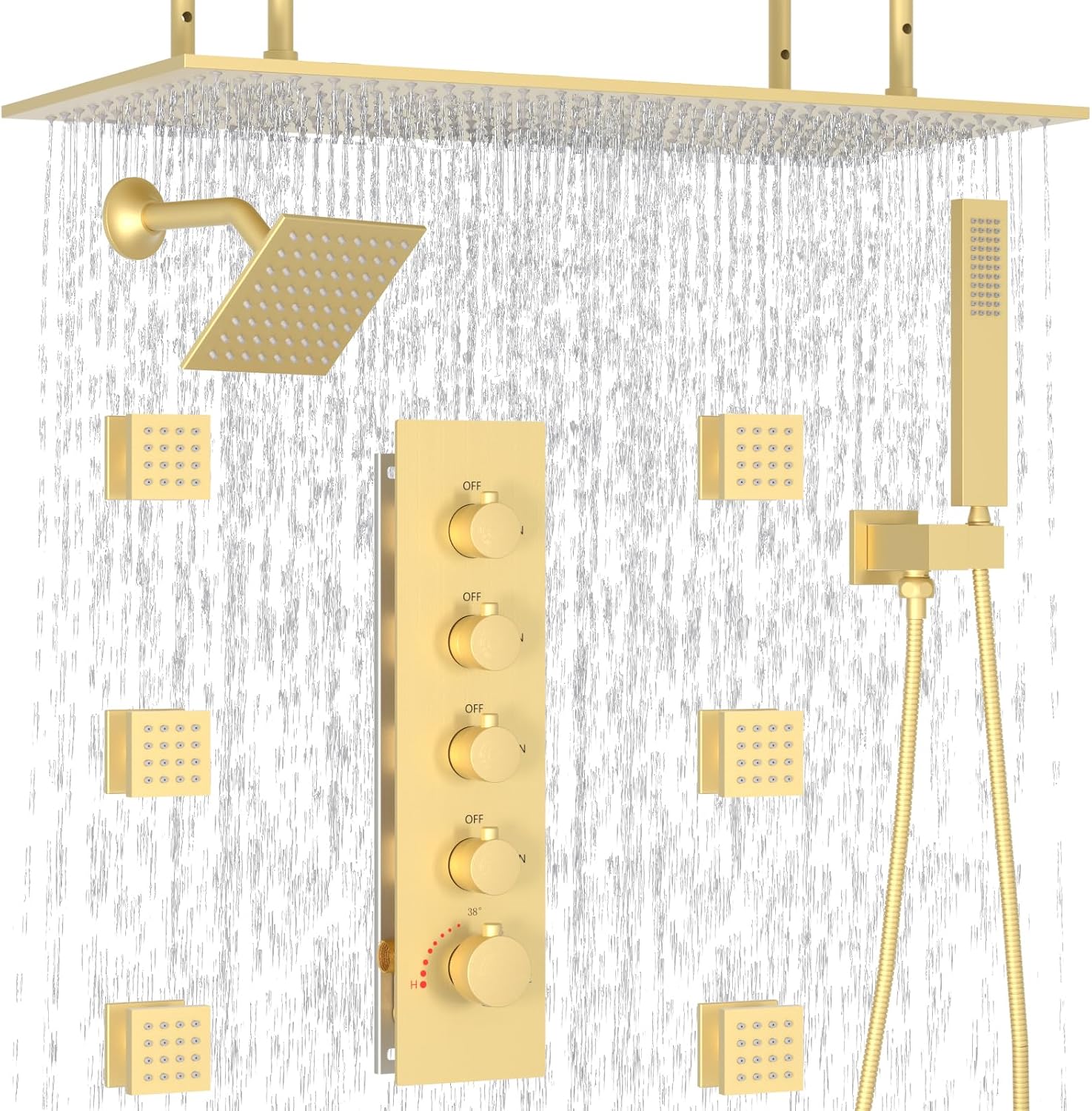 HOMEDEC 15.7x31.5' Rainfall and 6' Dual Shower Heads with Handheld Spray Combo, Full Body Shower System with 6pcs Body Jets, Brushed Gold