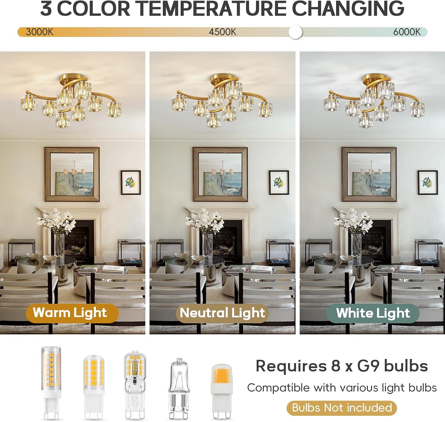 Gold Semi Flush Mount Ceiling Light Fixture, 8-Light Modern Chandelier with K9 Crystal for Living Room, Bedroom, Kitchen，Entryway Light