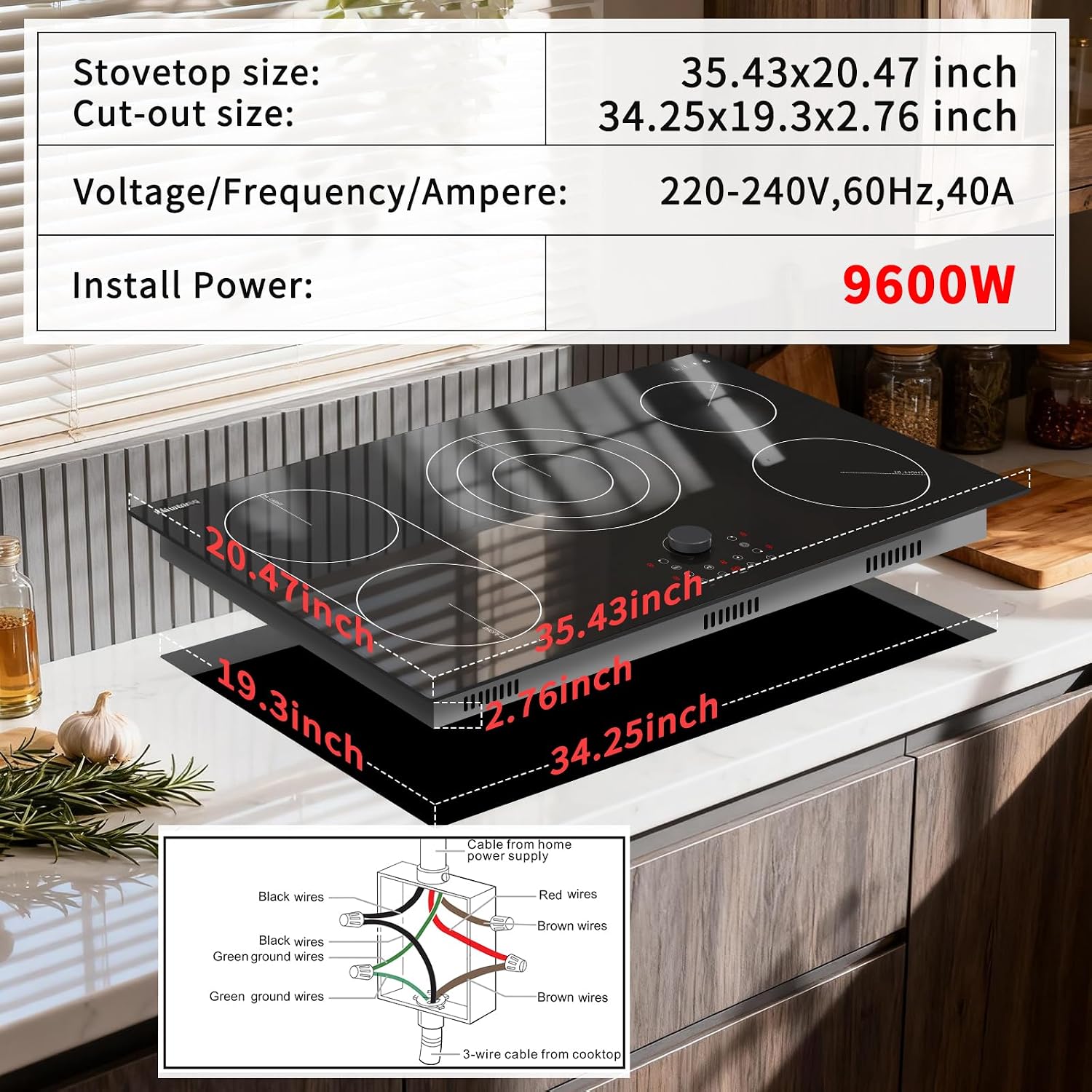 Karinear 36 Inch Electric Cooktop with Magnetic Knob, Bridge BBQ, 5 Burner Radiant Stove Top, 9600W 240V Built-in Hob, 9 Heat Levels, 99-Min Timer, Child Lock, Pause
