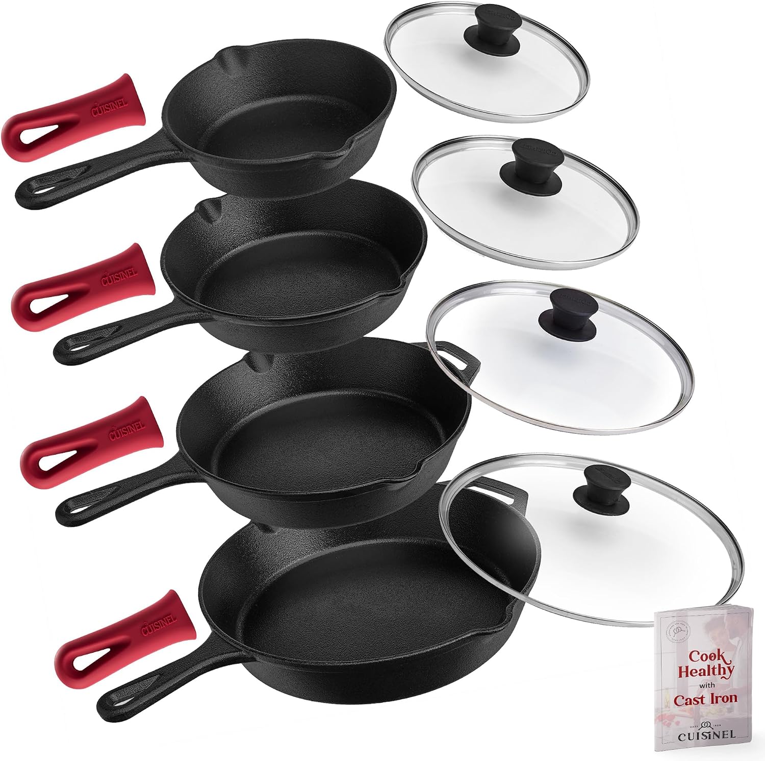 Cuisinel Cast Iron Skillets Set - 6'+8'+10+12'-Inch + Glass Lids + Silicone Handle Holder Cover Grips - Pre-Seasoned Frying Pan - Oven Safe Cookware - Indoor/Outdoor Use - Grill, Stovetop, Fire Safe