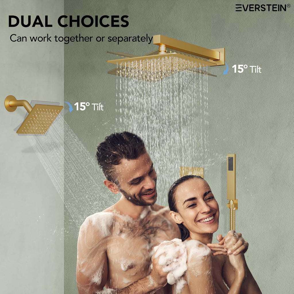 Wall Mount 12' High-Pressure Rainfall Shower Faucet, Dual Rainfall Shower Head System with Valve (Brushed Gold)