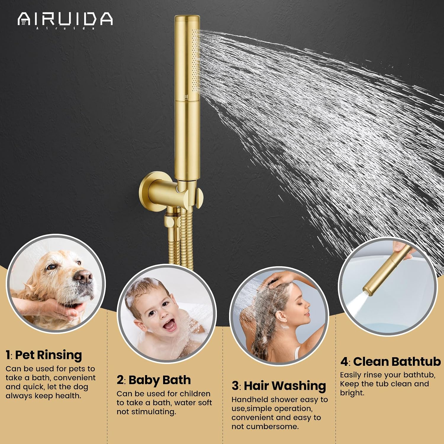 Airuida 3-Function Rain Shower System Set – Wall Mount Tub Shower Combo with Handheld Shower and Tub Spout,12 Inch Shower Head,Brushed Gold