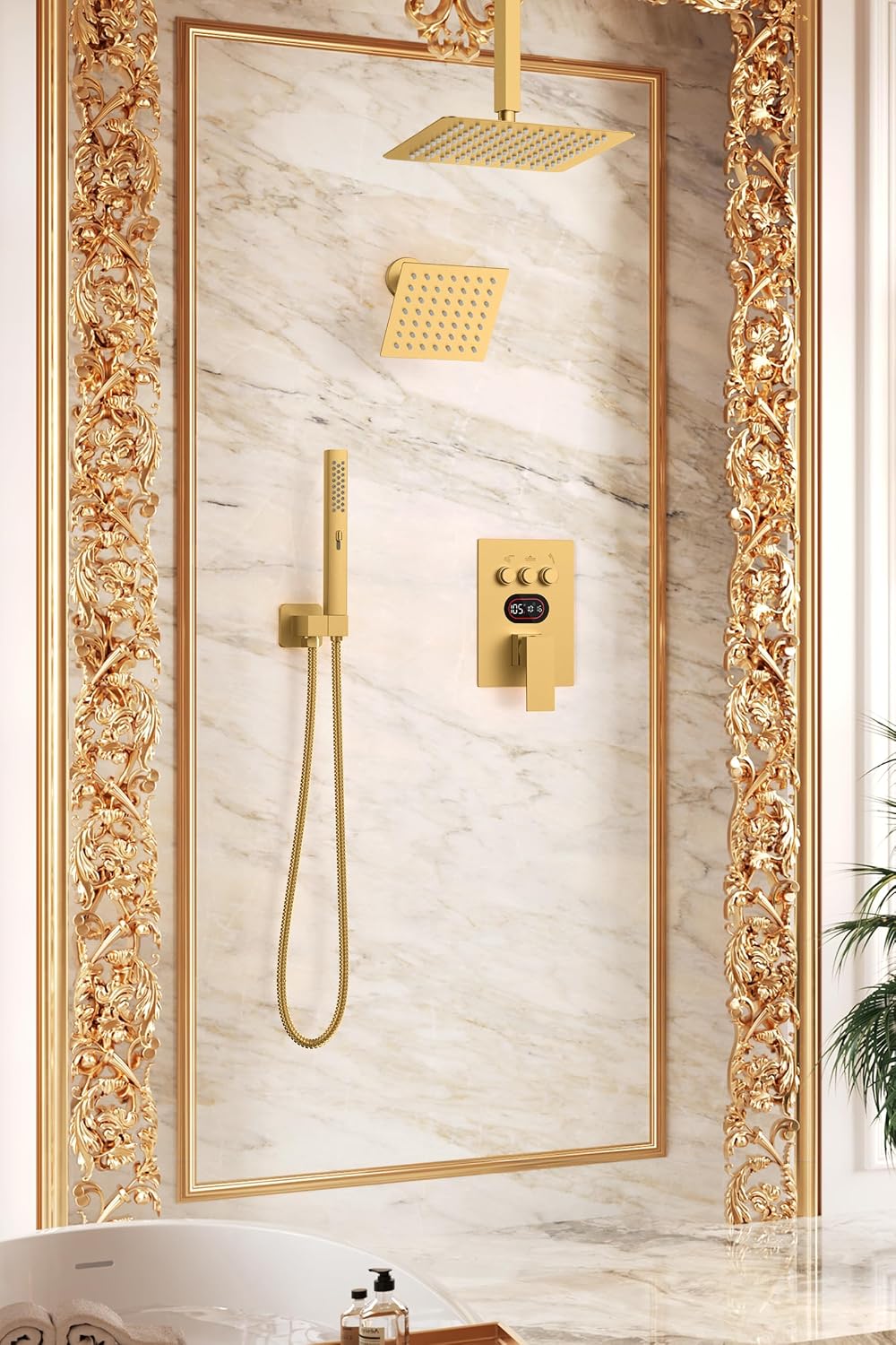 Push Button Diverter Shower Faucet Set Hydro Power Temperature Display, Shower System Ceiling Mounted 10' & Wall Mounted 6' Shower Head with 3-Spary Handheld, Brushed Gold
