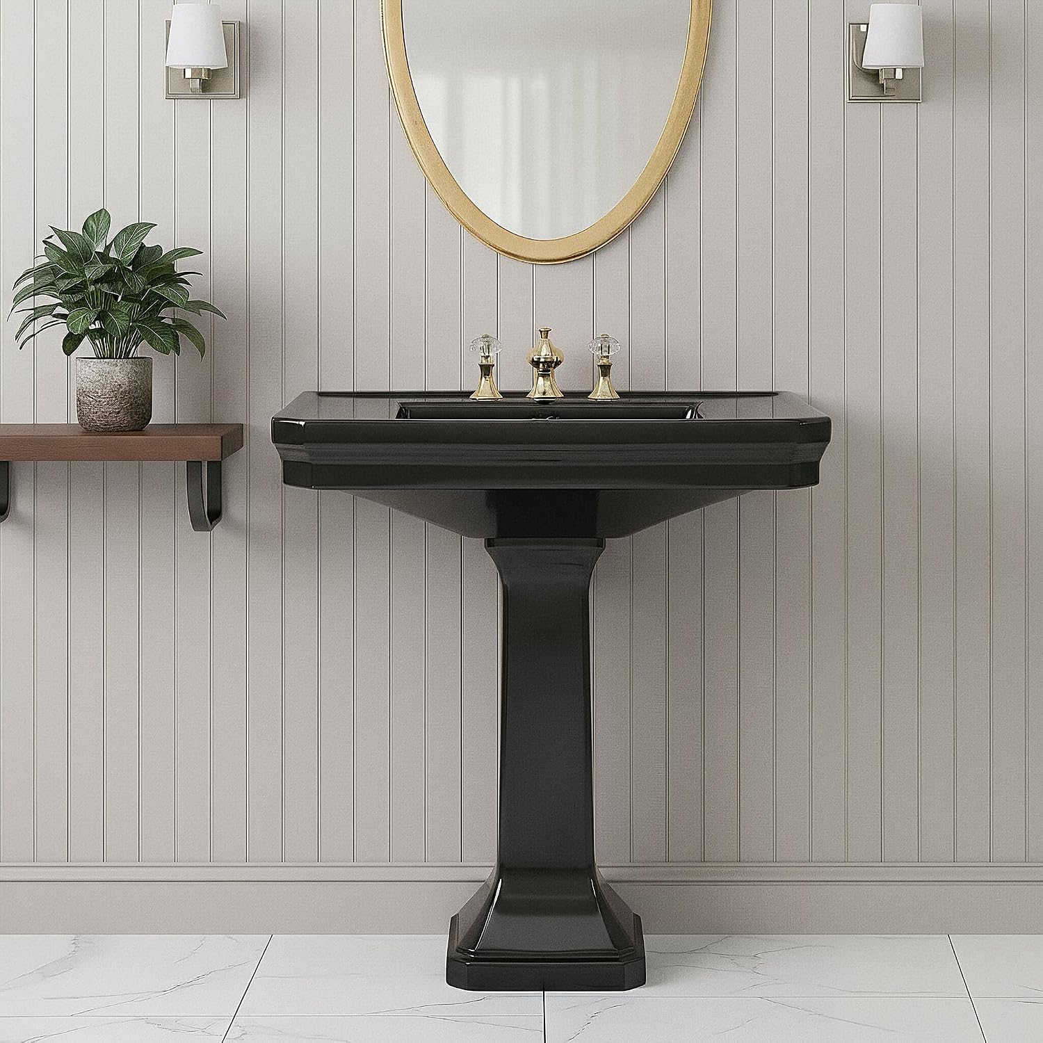 Renovators Supply Manufacturing Victorian 32' W x 34.5' H x 22' Proj. Large Bathroom Black Pedestal Sink, Vitreous China, with Overflow, Compatible with 8 in. Widespread Faucets