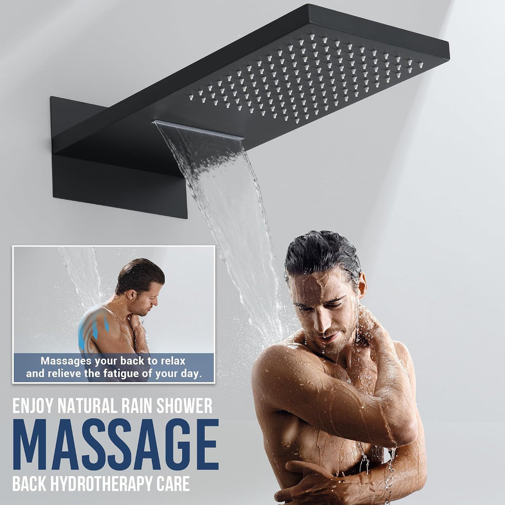 Thermostatic Shower System 22-Inch Rain & Waterfall Large Shower Head, Matte Black Luxury Shower Faucet Set with High Pressure Handheld Sprayer, Wall Mount Shower Fixtures Include Valve