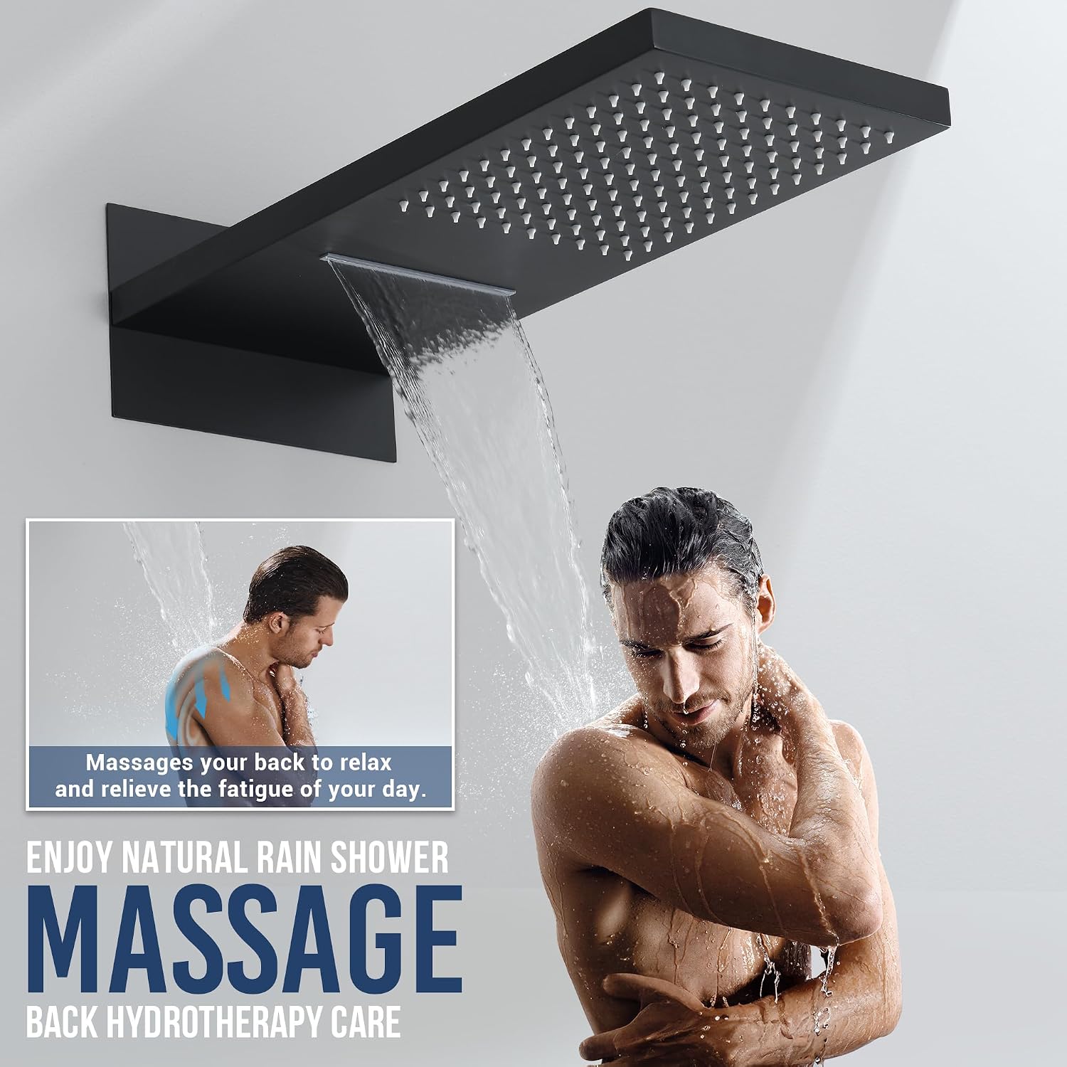 Thermostatic Shower System 22-Inch Rain & Waterfall Large Shower Head, Matte Black Luxury Shower Faucet Set with High Pressure Handheld Sprayer, Wall Mount Shower Fixtures Include Valve