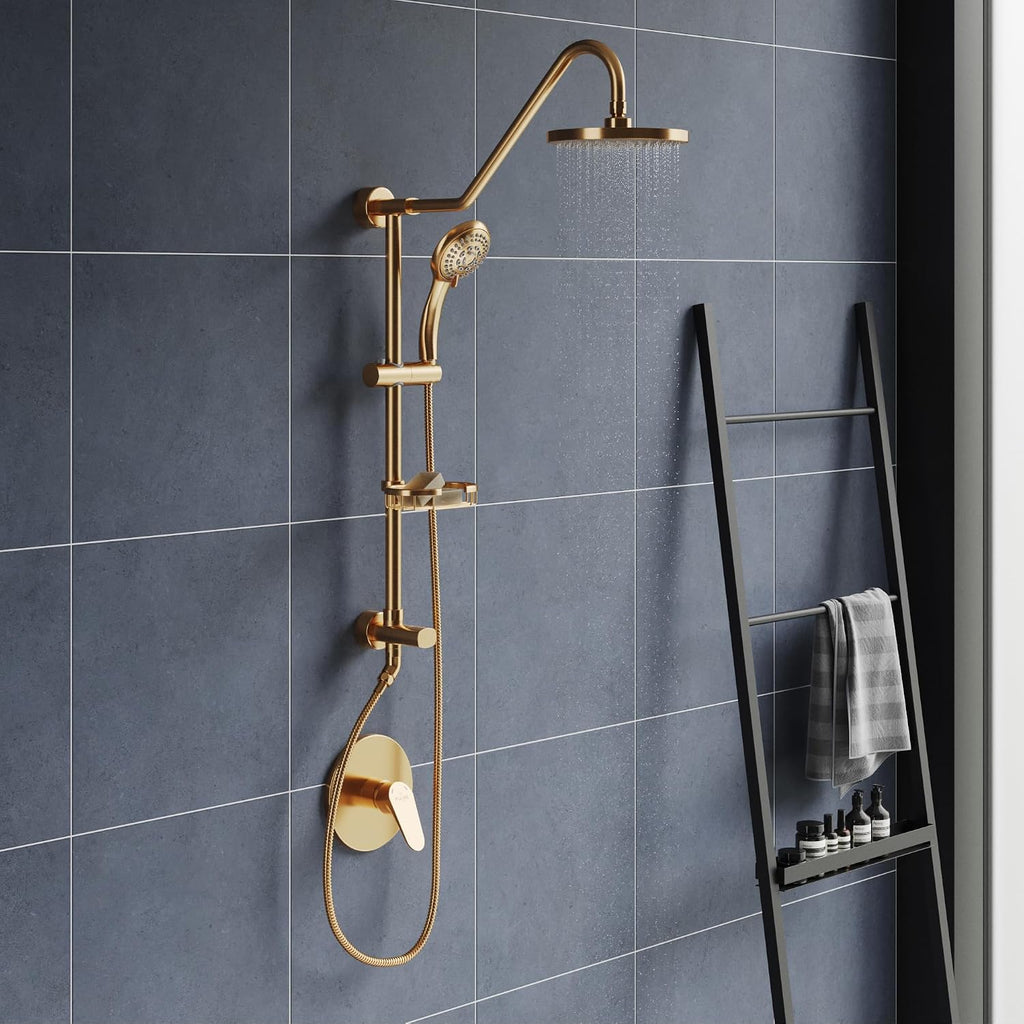PULSE ShowerSpas Kauai III Brushed Gold Rain Shower Head with Handheld Spray - 2.5 GPM, 8' Showerhead, 5-Function HandShower, Adjustable Slide Bar - Shower Heads with Handheld Spray Combo