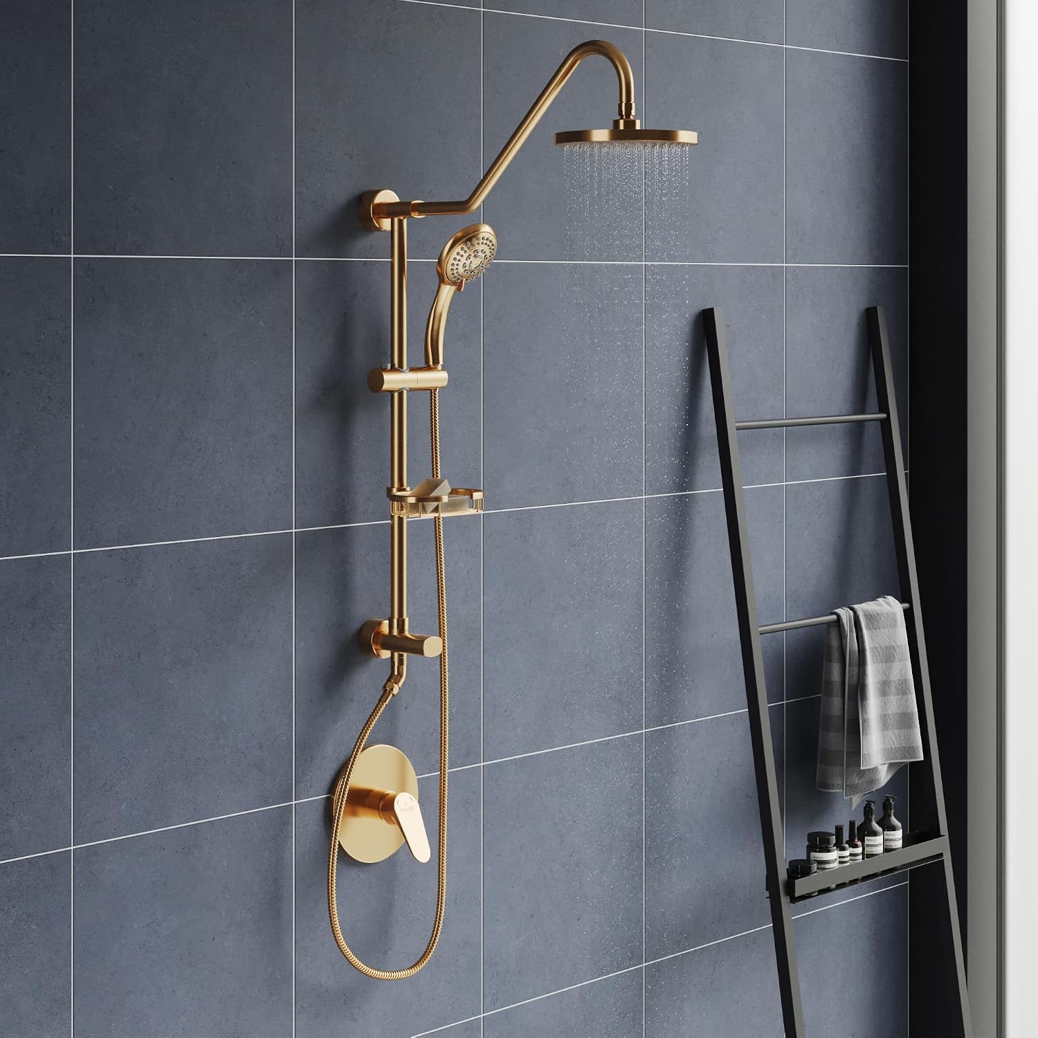 PULSE ShowerSpas Kauai III Brushed Gold Rain Shower Head with Handheld Spray - 2.5 GPM, 8' Showerhead, 5-Function HandShower, Adjustable Slide Bar - Shower Heads with Handheld Spray Combo