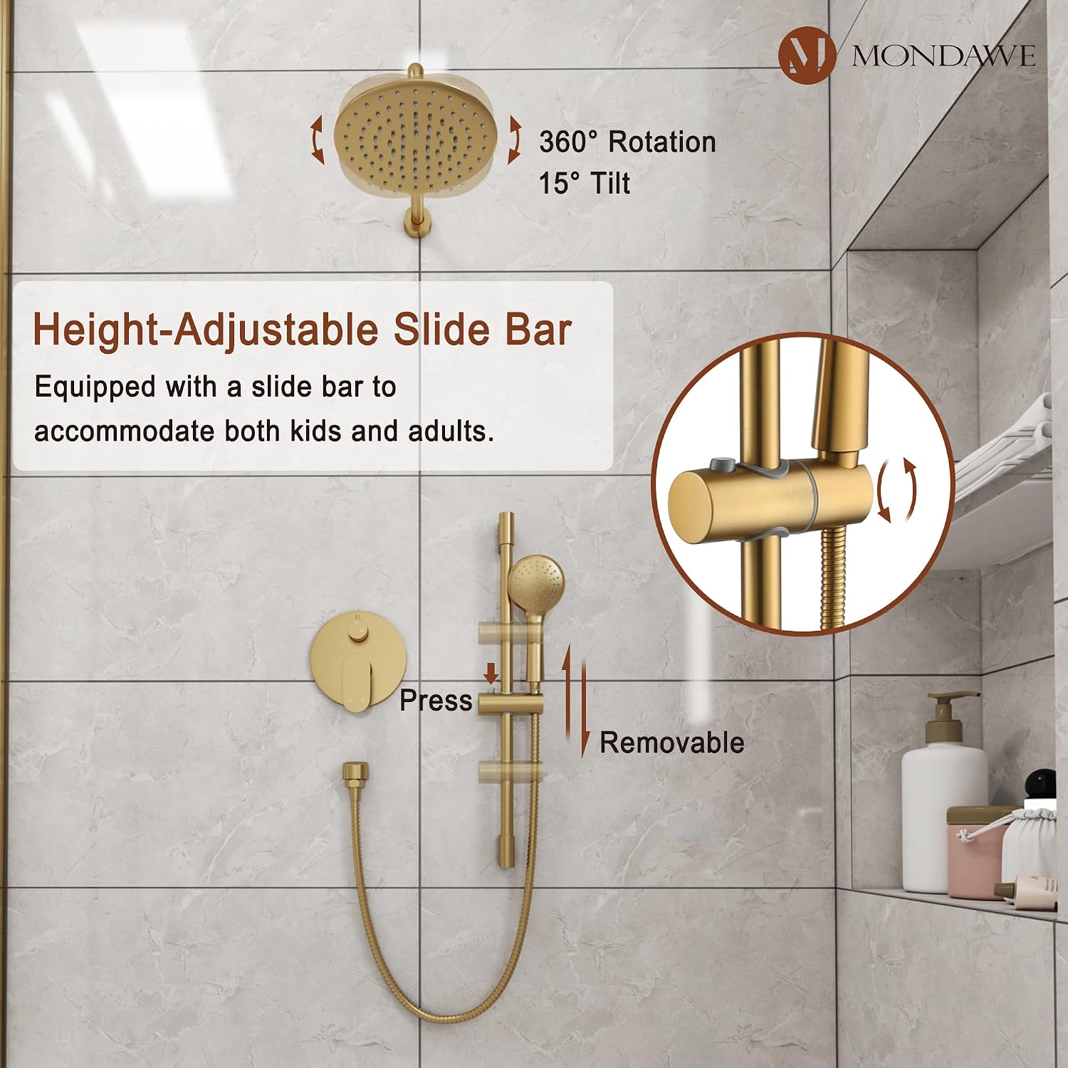 MONDAWE 9 Inch Wall Mounted Shower Faucet Set in Brushed Gold, Rainfall Shower Head with 3-Setting Handheld Spray Shower Set Combo, High Pressure Shower System with Solid Brass Valve