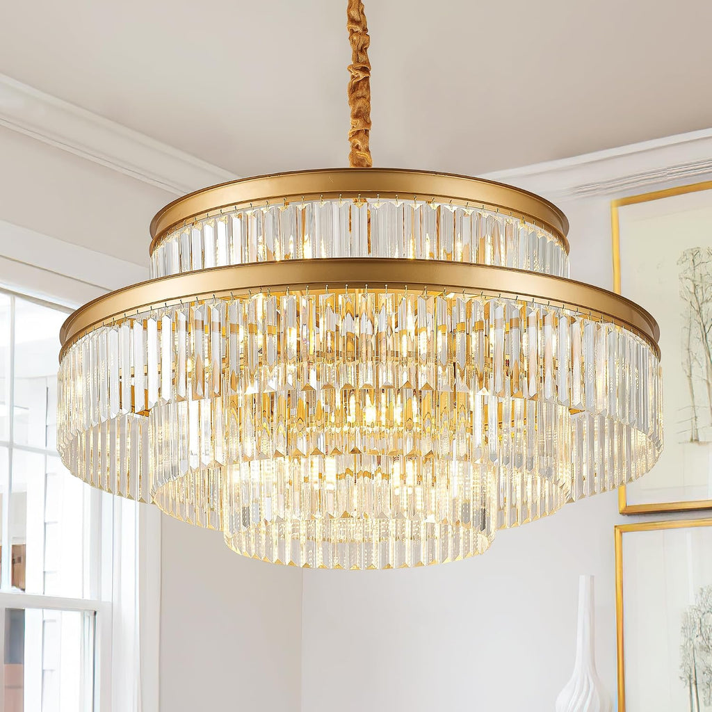 31.5' 18-Light Modern Crystal Chandelier Light Fixture Large 4-Tier Gold Luxury Glam Chandeliers for Dining Room Round Hanging Pendant Lighting for Living Room Kitchen Bedroom Foyer Lobby