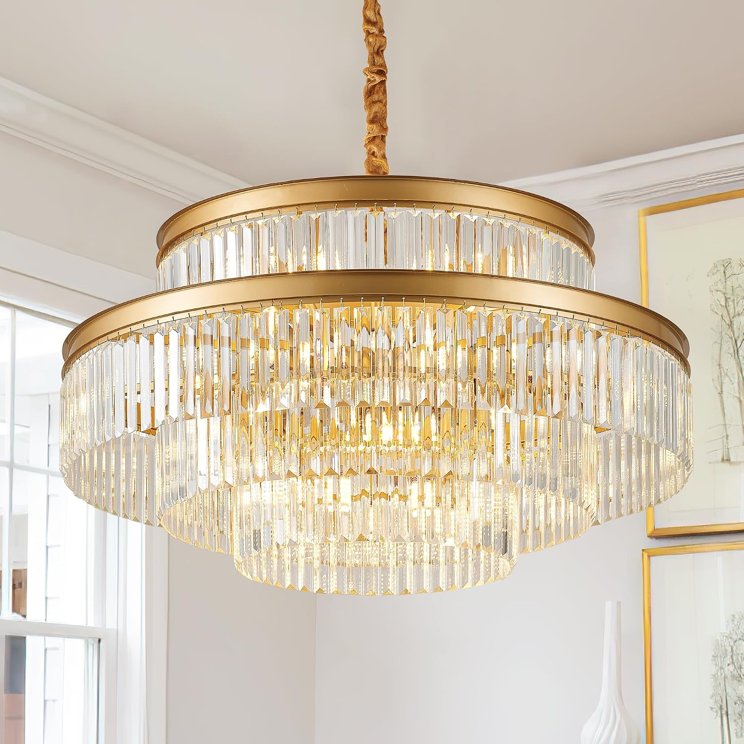 31.5' 18-Light Modern Crystal Chandelier Light Fixture Large 4-Tier Gold Luxury Glam Chandeliers for Dining Room Round Hanging Pendant Lighting for Living Room Kitchen Bedroom Foyer Lobby
