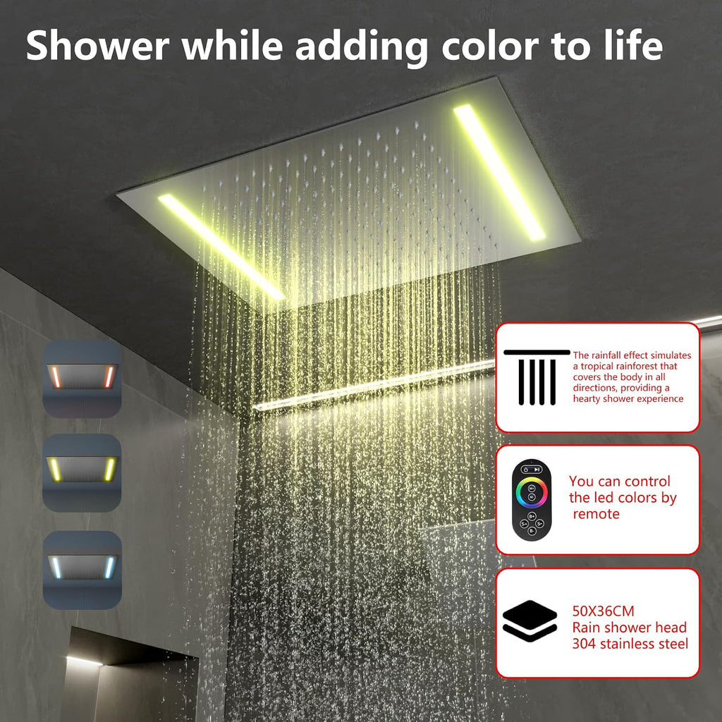 14 X 20 Inch Ceiling LED Rain Shower Head, Dual Rainfall Smart Shower System Set With 8 Inch Wall Head For Two People (Brushed Nickel)