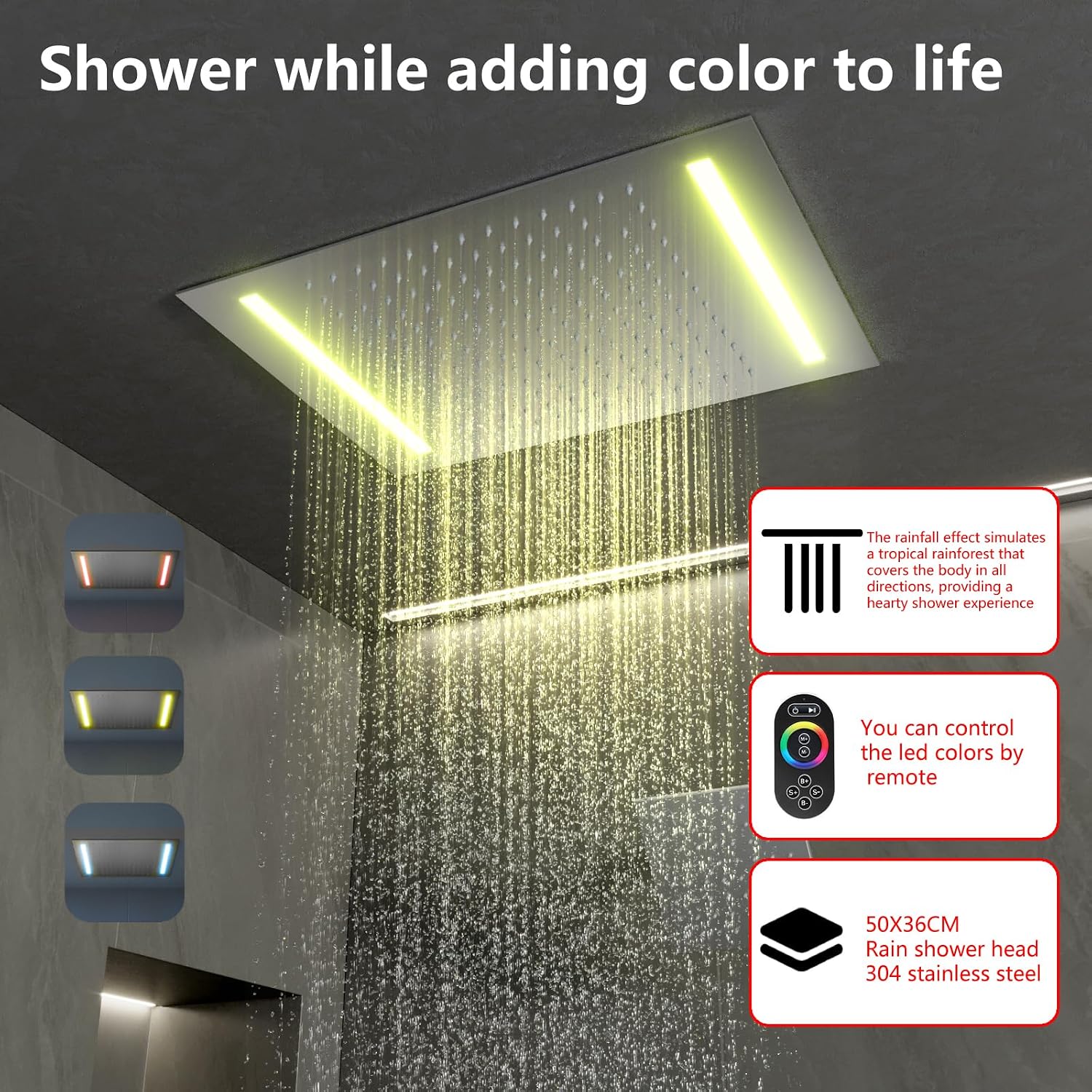 14 X 20 Inch Ceiling LED Rain Shower Head, Dual Rainfall Smart Shower System Set With 8 Inch Wall Head For Two People (Brushed Nickel)